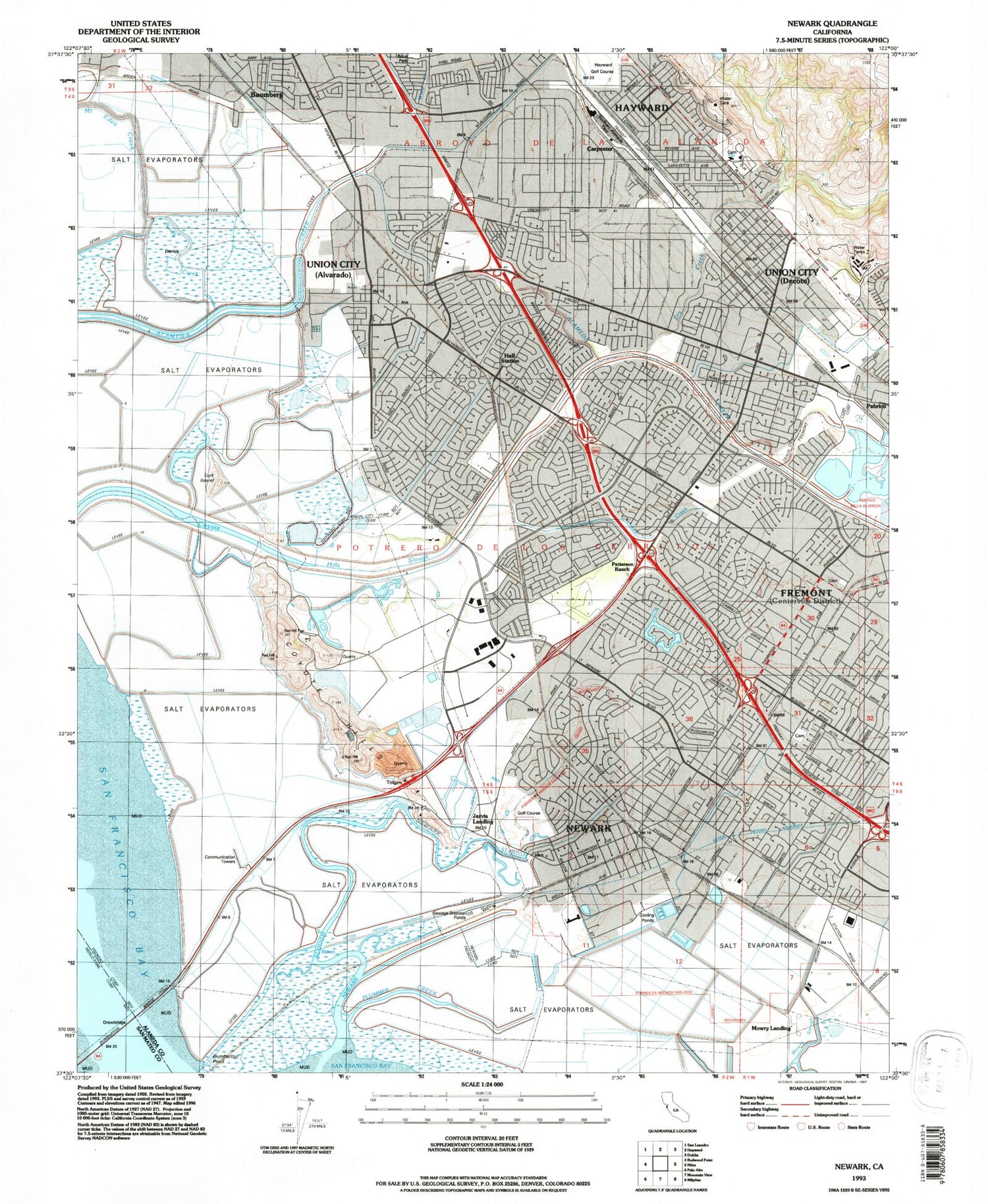 Classic USGS Newark California 7.5'x7.5' Topo Map Image