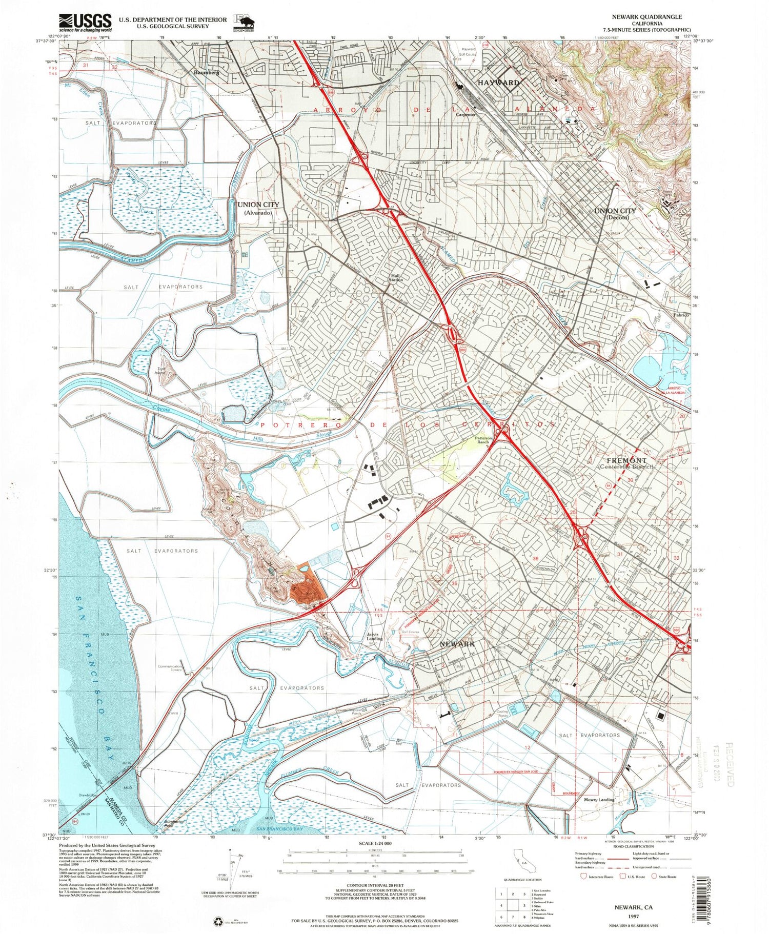 Classic USGS Newark California 7.5'x7.5' Topo Map Image