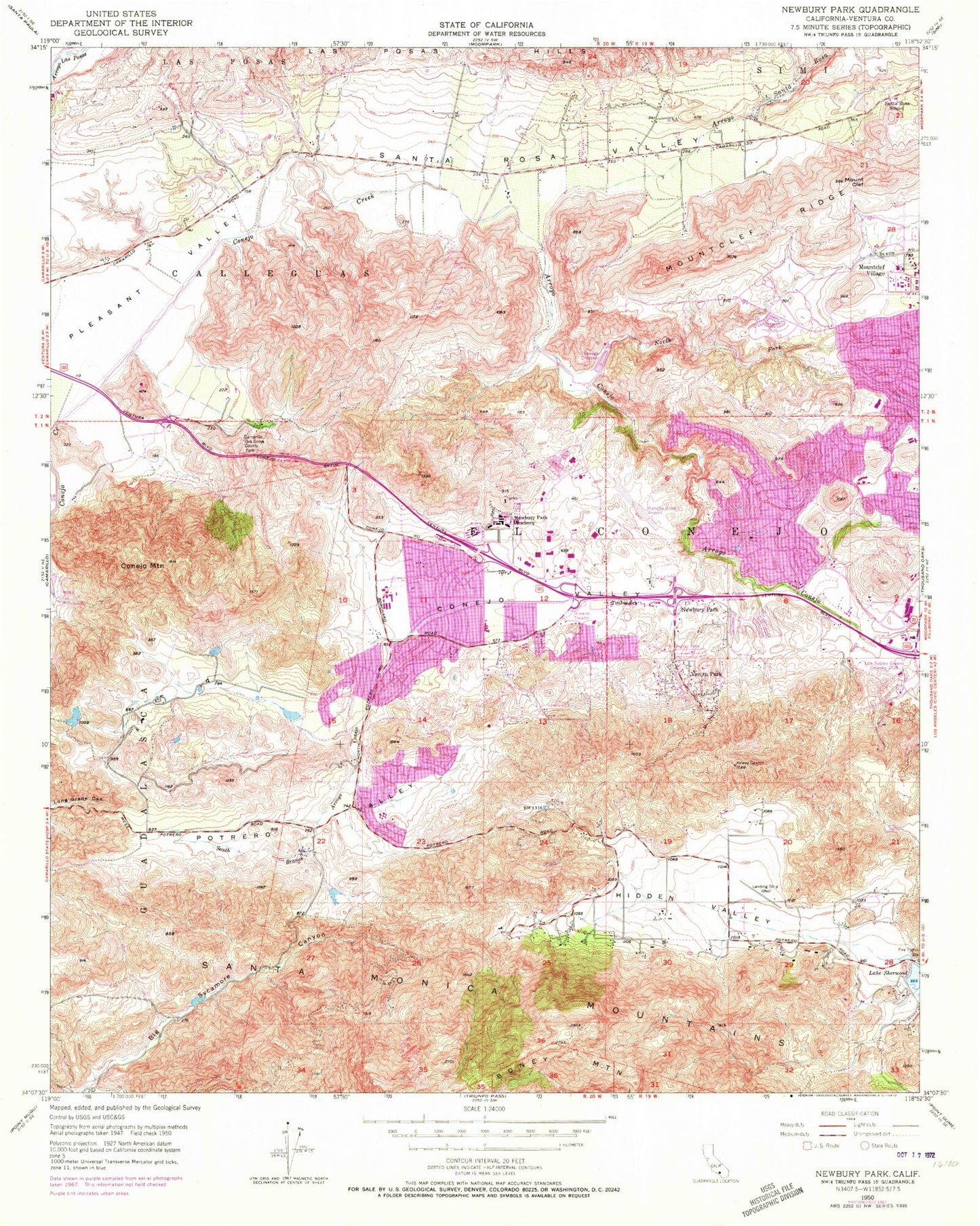Classic USGS Newbury Park California 7.5'x7.5' Topo Map Image