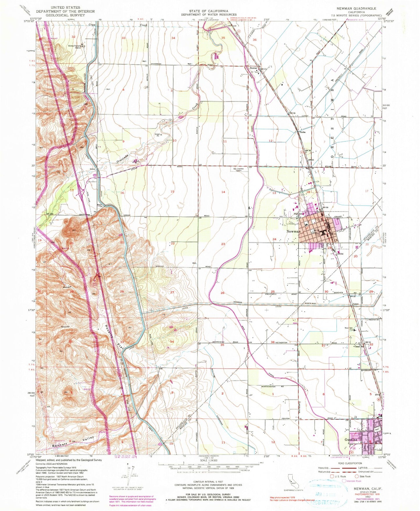 Classic USGS Newman California 7.5'x7.5' Topo Map Image