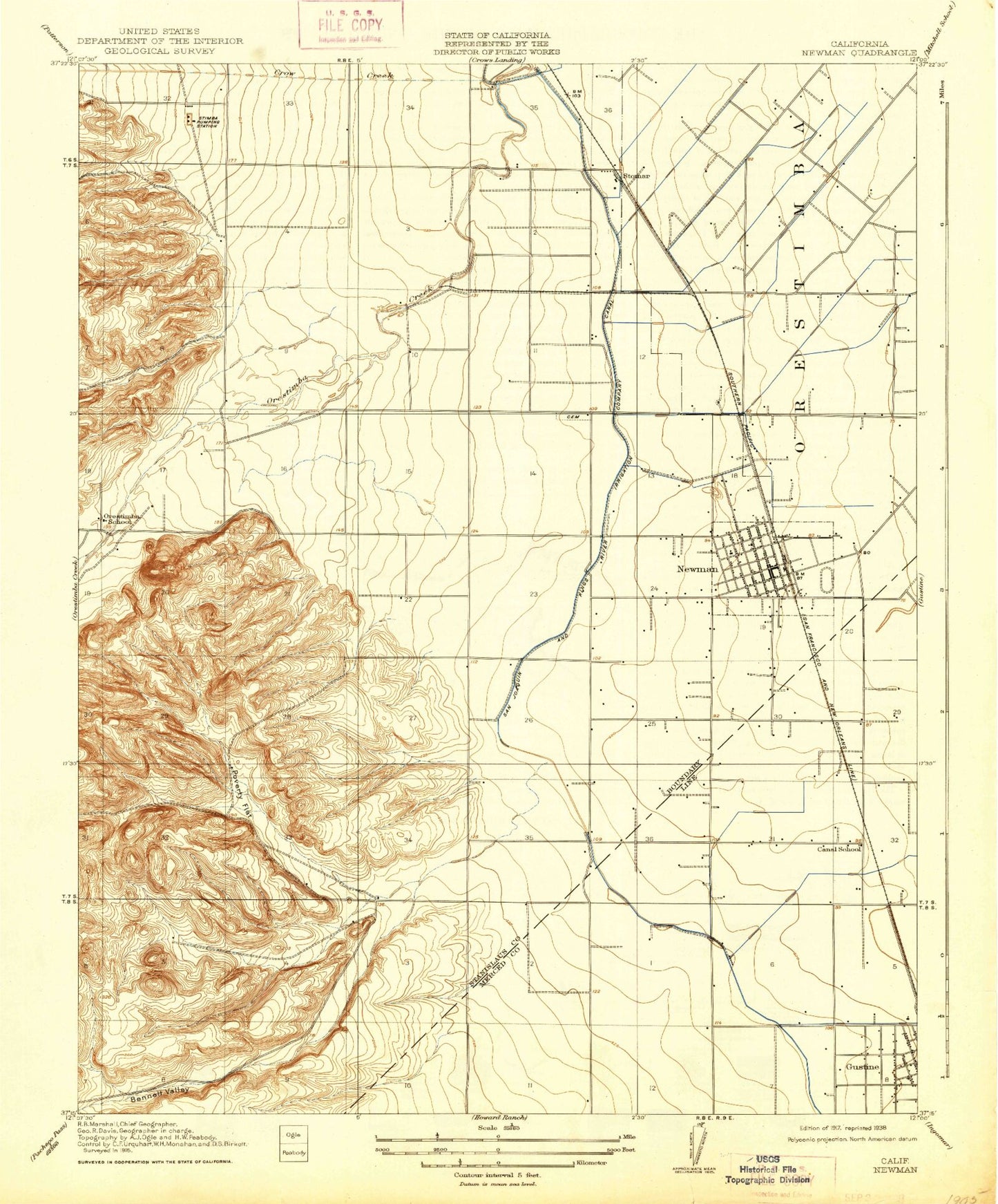 Classic USGS Newman California 7.5'x7.5' Topo Map Image
