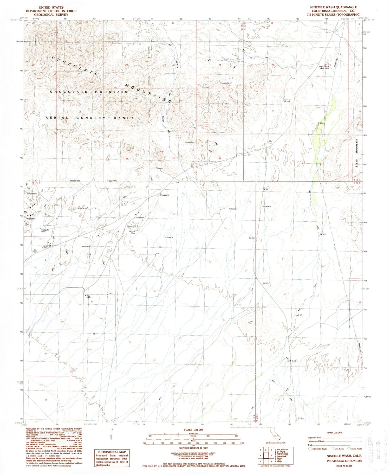 Classic USGS Ninemile Wash California 7.5'x7.5' Topo Map Image