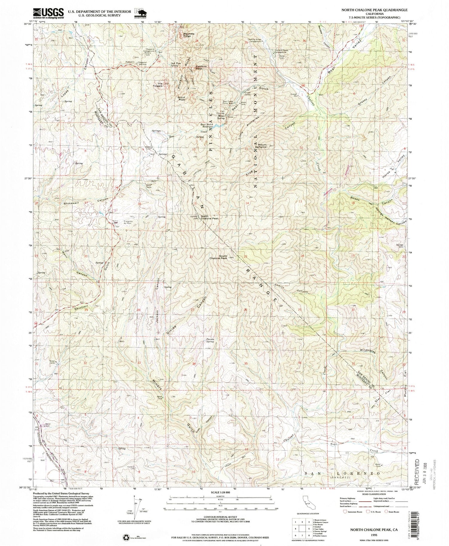 Classic USGS North Chalone Peak California 7.5'x7.5' Topo Map Image