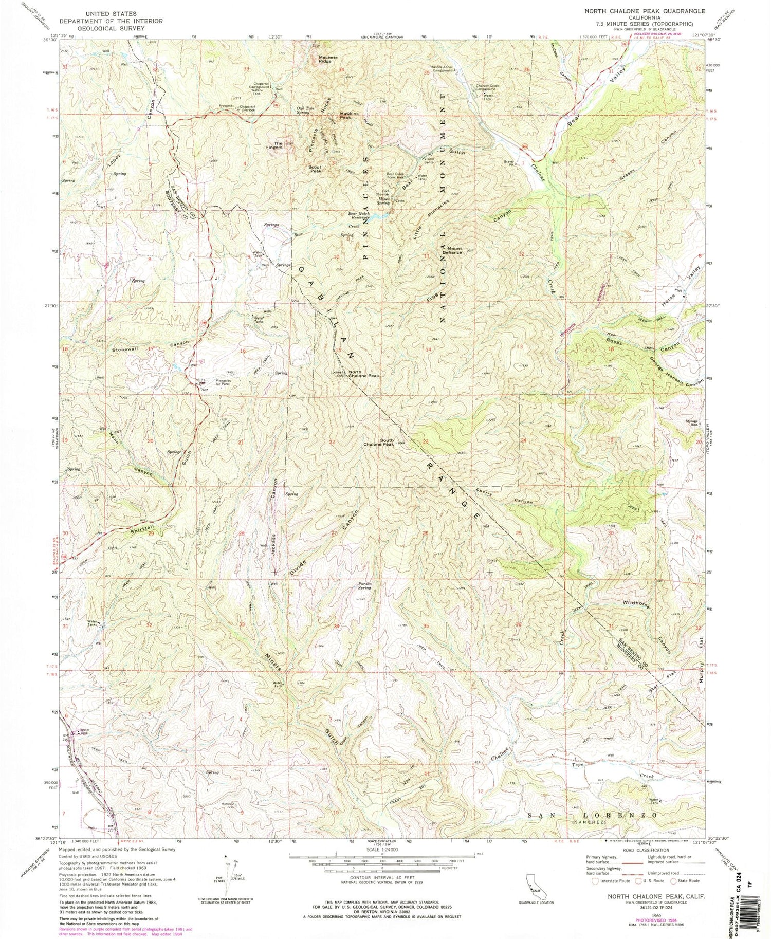 Classic USGS North Chalone Peak California 7.5'x7.5' Topo Map Image