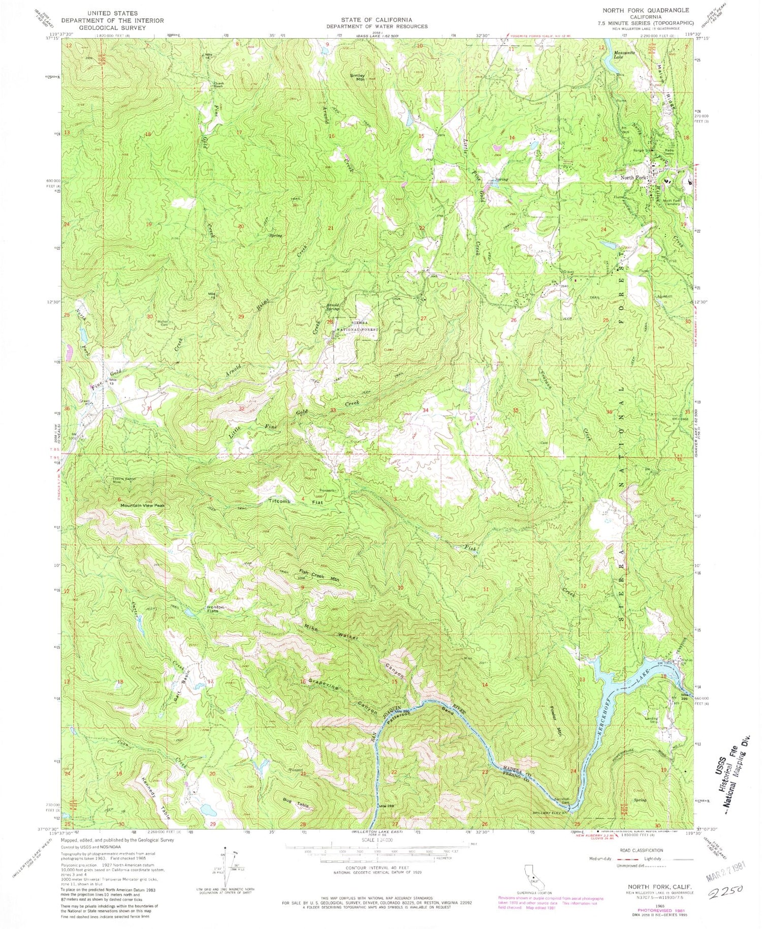 Classic USGS North Fork California 7.5'x7.5' Topo Map Image