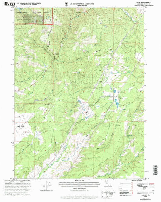 Classic USGS Oak Run California 7.5'x7.5' Topo Map Image