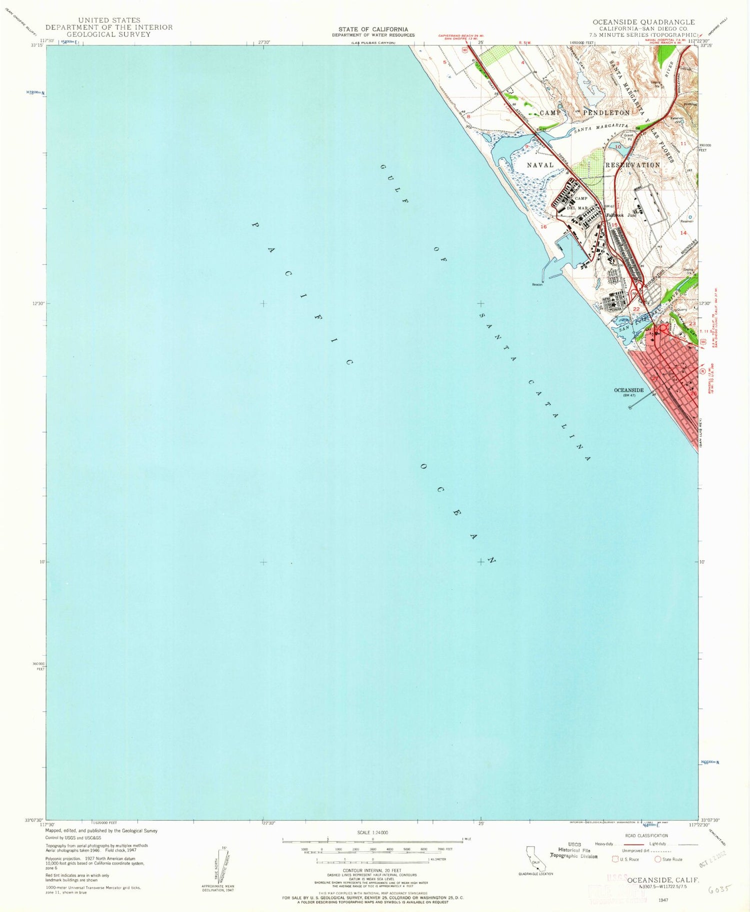 Classic USGS Oceanside California 7.5'x7.5' Topo Map Image