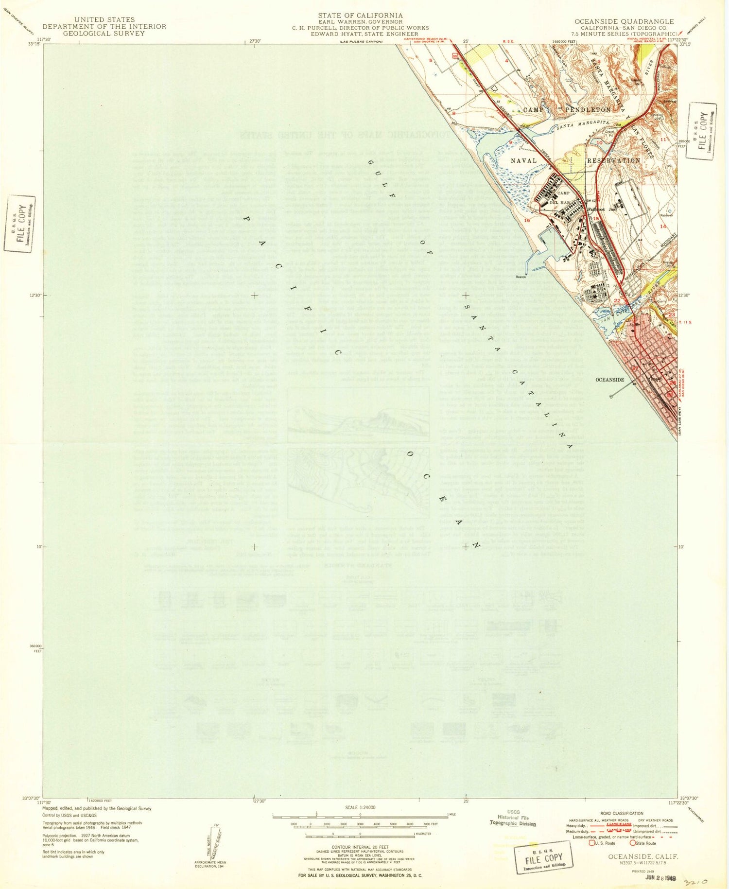 Classic USGS Oceanside California 7.5'x7.5' Topo Map Image