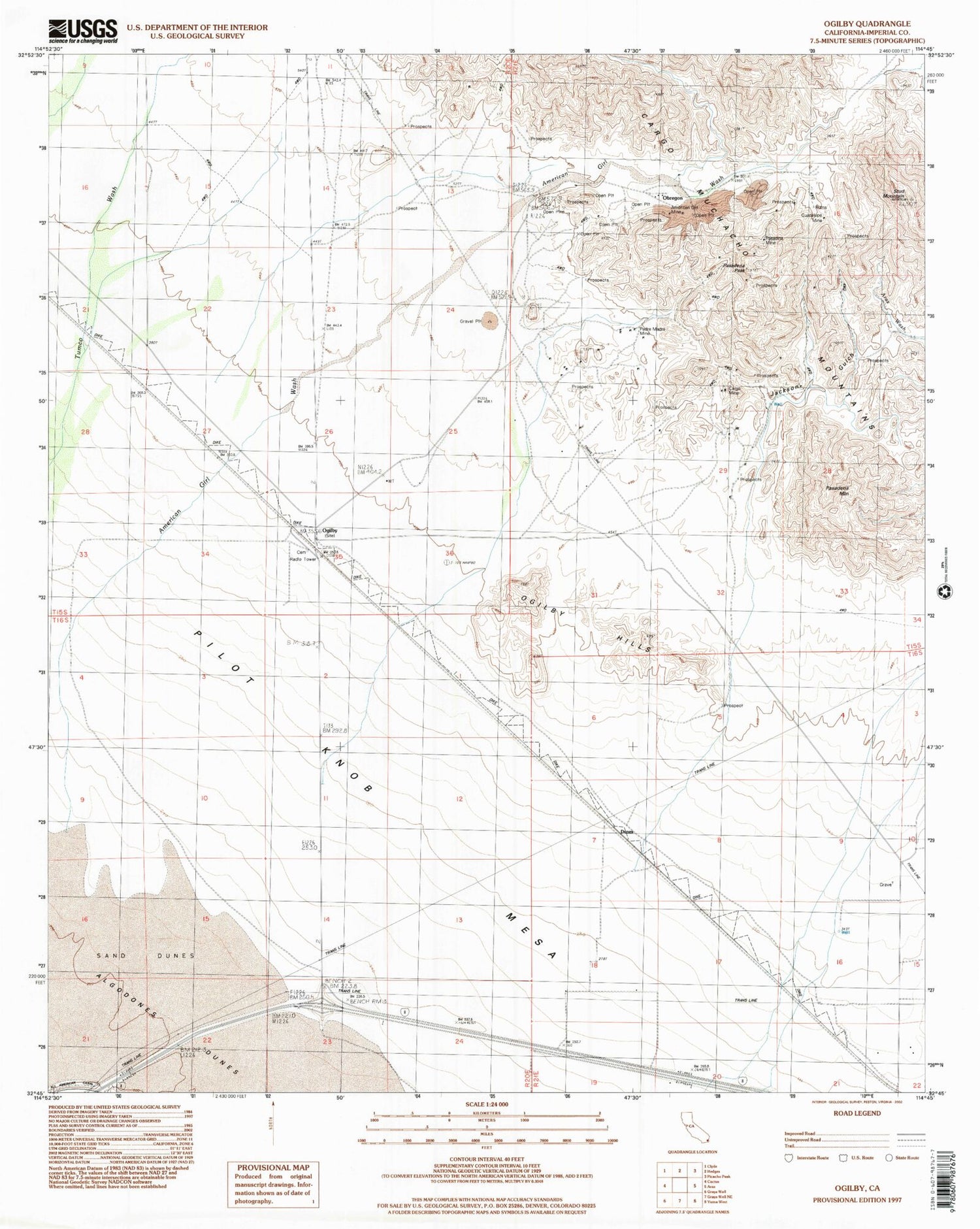 Classic USGS Ogilby California 7.5'x7.5' Topo Map Image