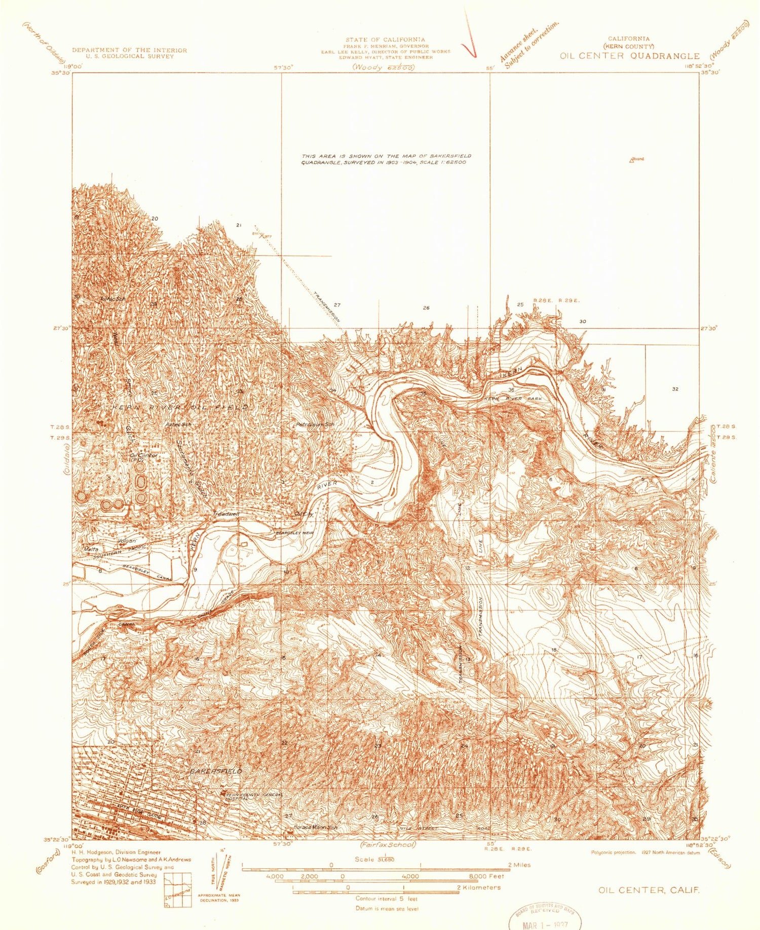 Classic USGS Oil Center California 7.5'x7.5' Topo Map Image