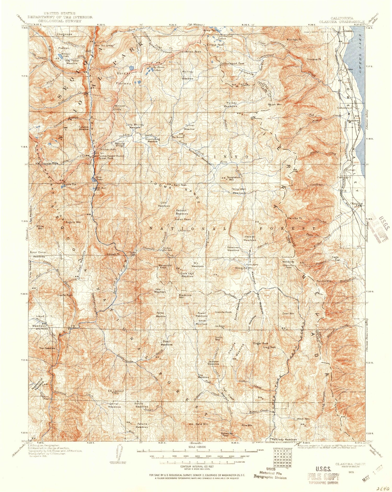 Historic 1905 Olancha California 30'x30' Topo Map Image
