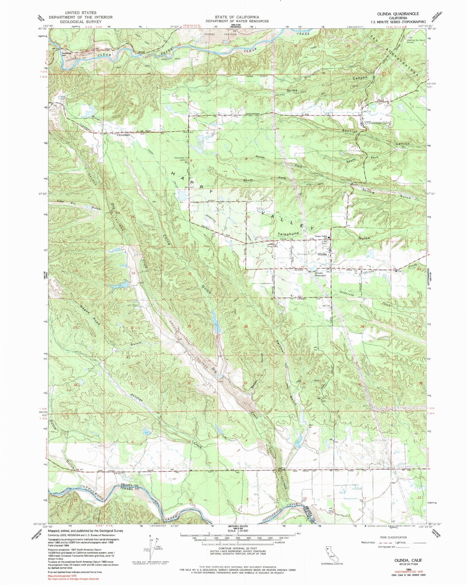 Classic USGS Olinda California 7.5'x7.5' Topo Map Image