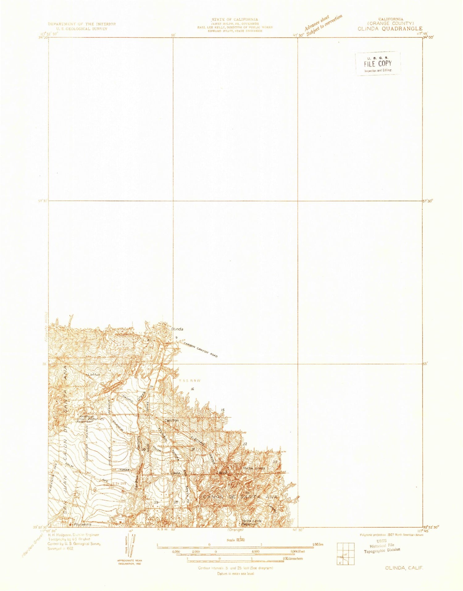 Classic USGS Olinda California 7.5'x7.5' Topo Map Image