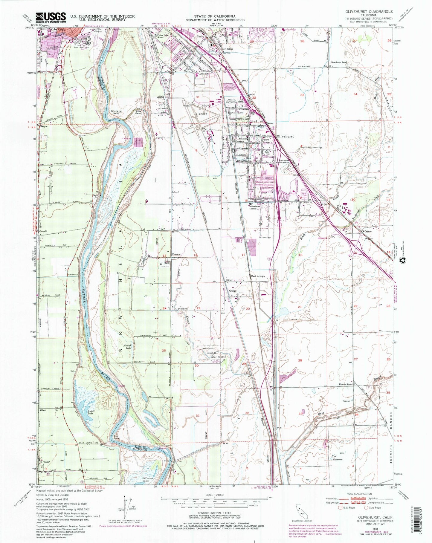 Classic USGS Olivehurst California 7.5'x7.5' Topo Map Image
