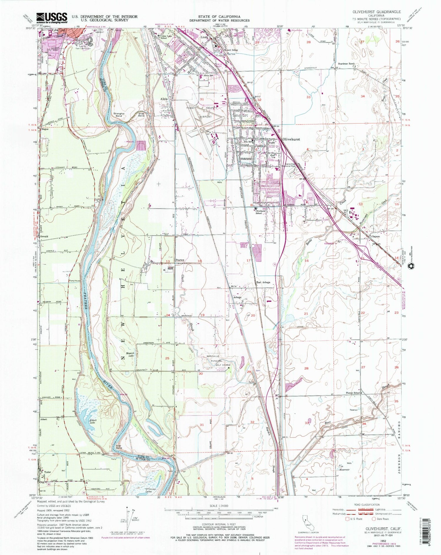 Classic USGS Olivehurst California 7.5'x7.5' Topo Map Image