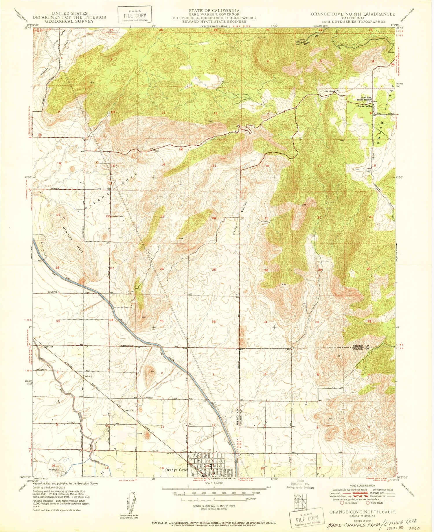 Classic USGS Orange Cove North California 7.5'x7.5' Topo Map Image