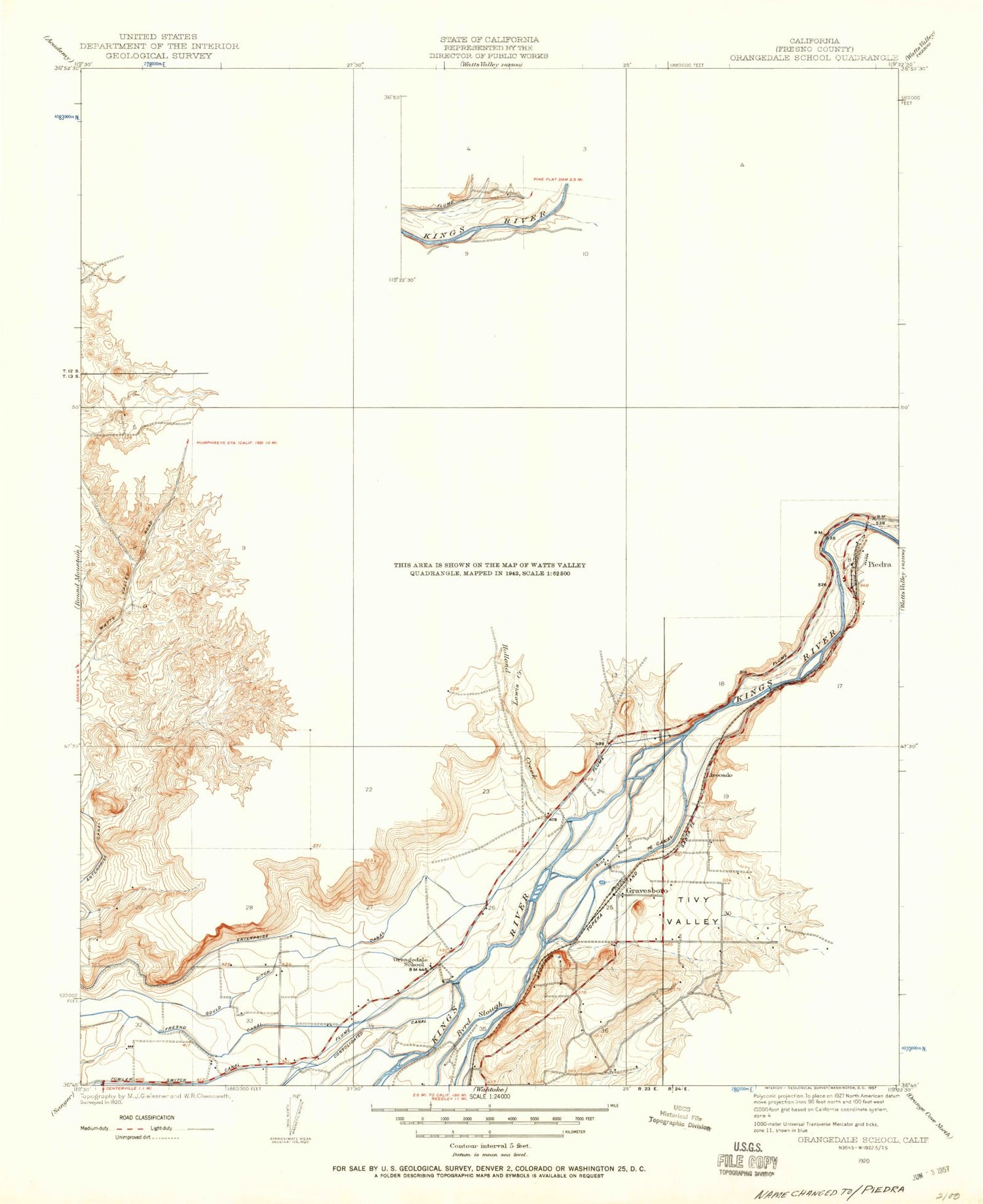 Classic USGS Piedra California 7.5'x7.5' Topo Map Image
