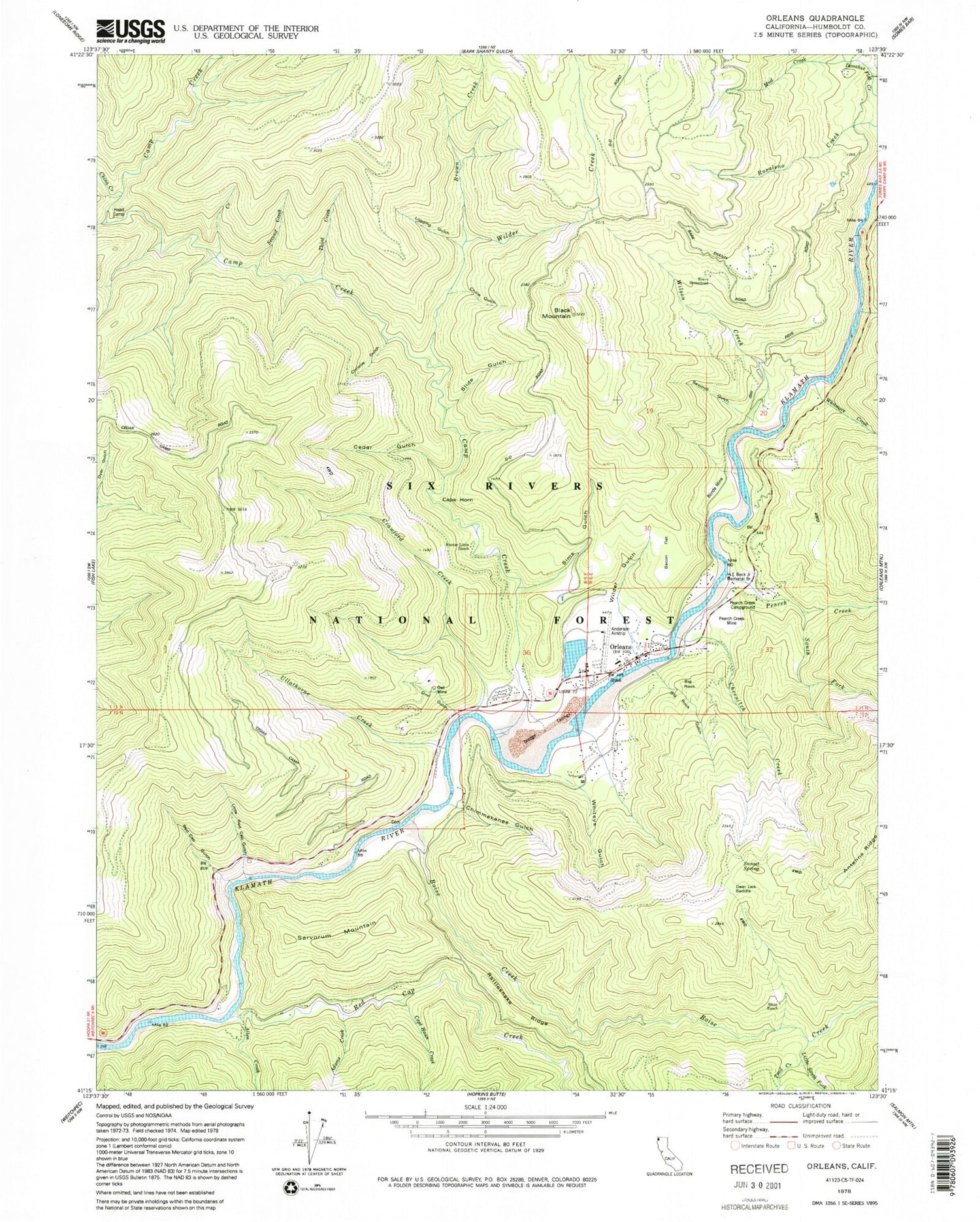 Classic USGS Orleans California 7.5'x7.5' Topo Map Image