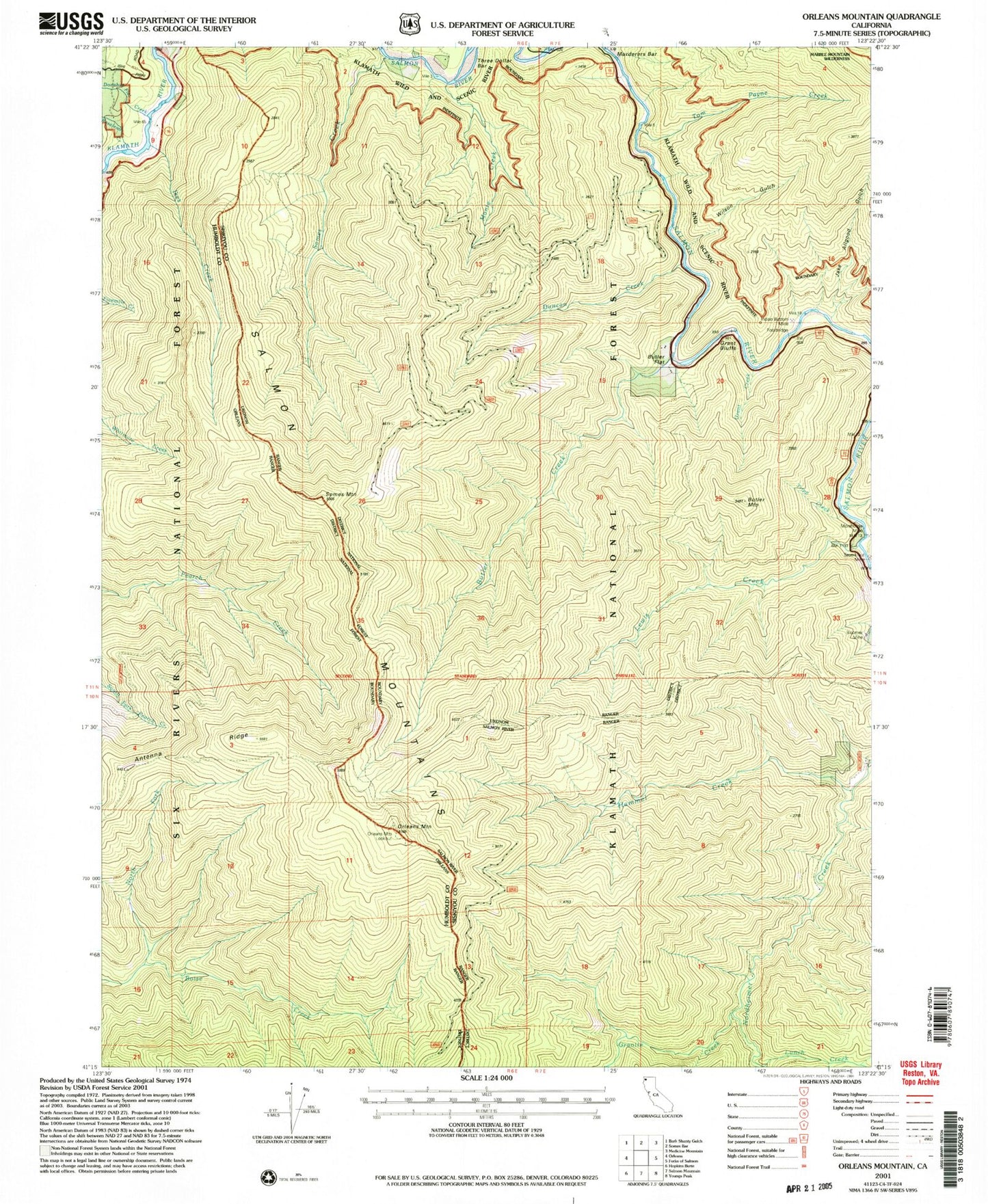 Classic USGS Orleans Mountain California 7.5'x7.5' Topo Map Image