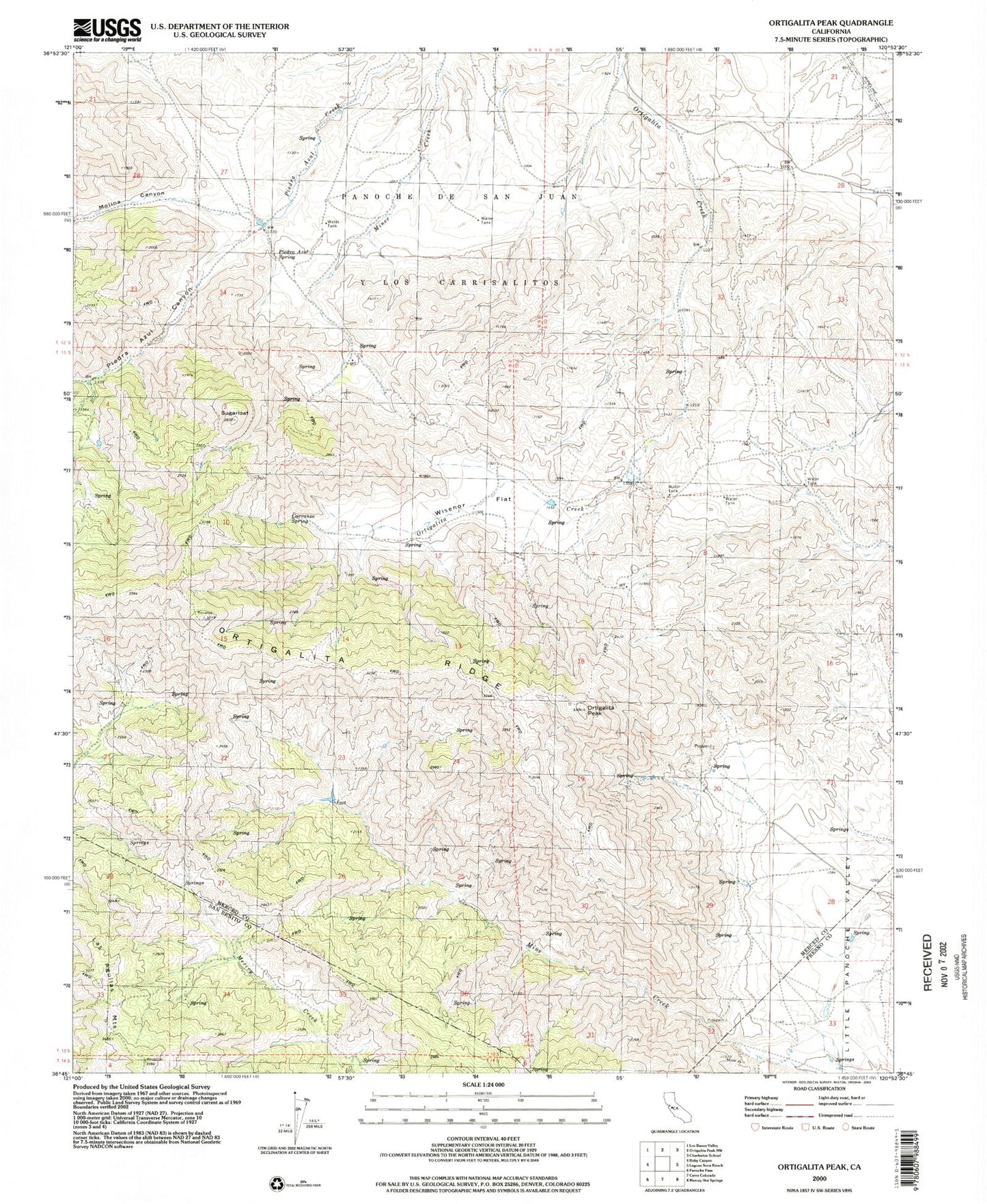 Classic USGS Ortigalita Peak California 7.5'x7.5' Topo Map Image