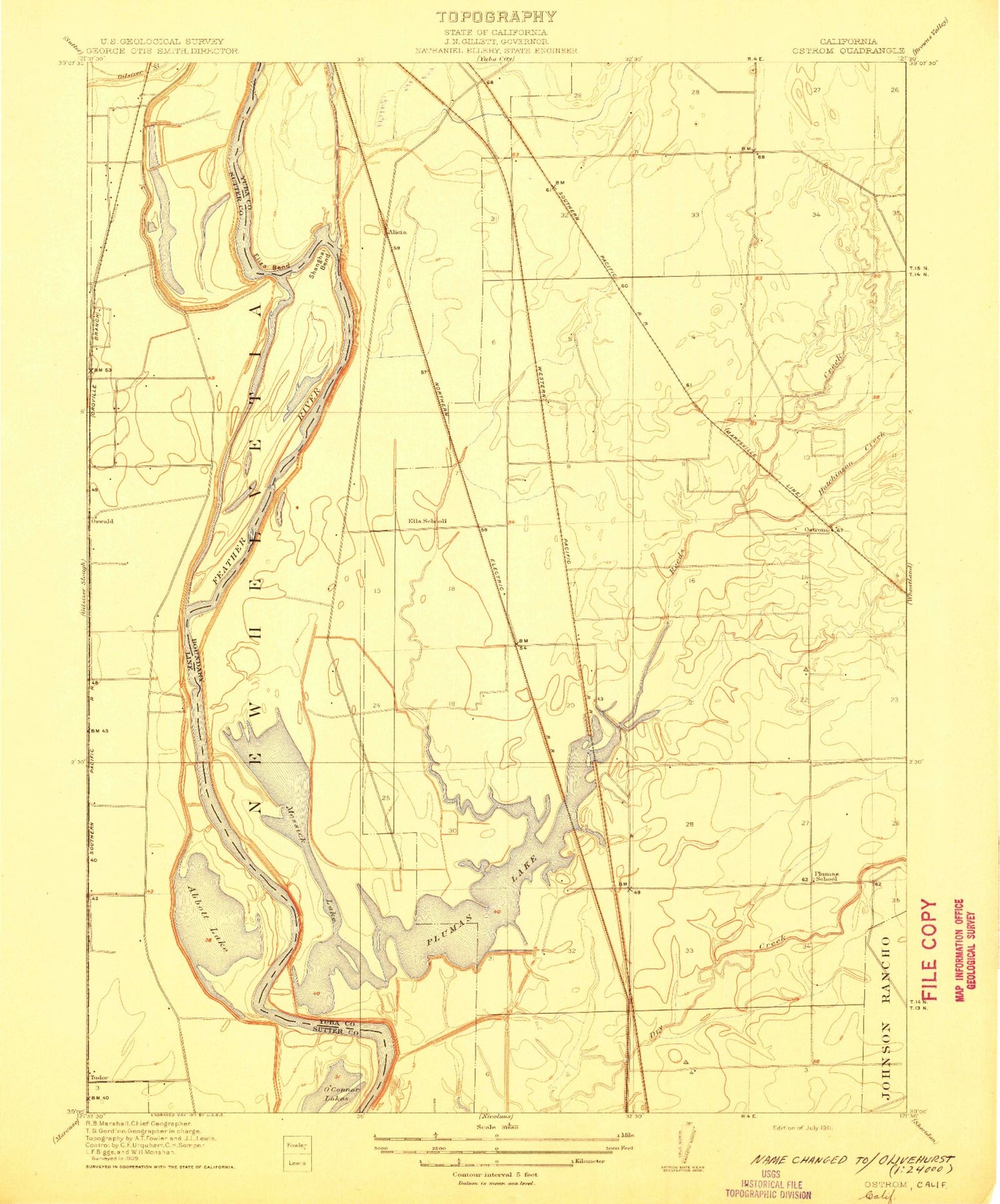 Classic USGS Olivehurst California 7.5'x7.5' Topo Map Image