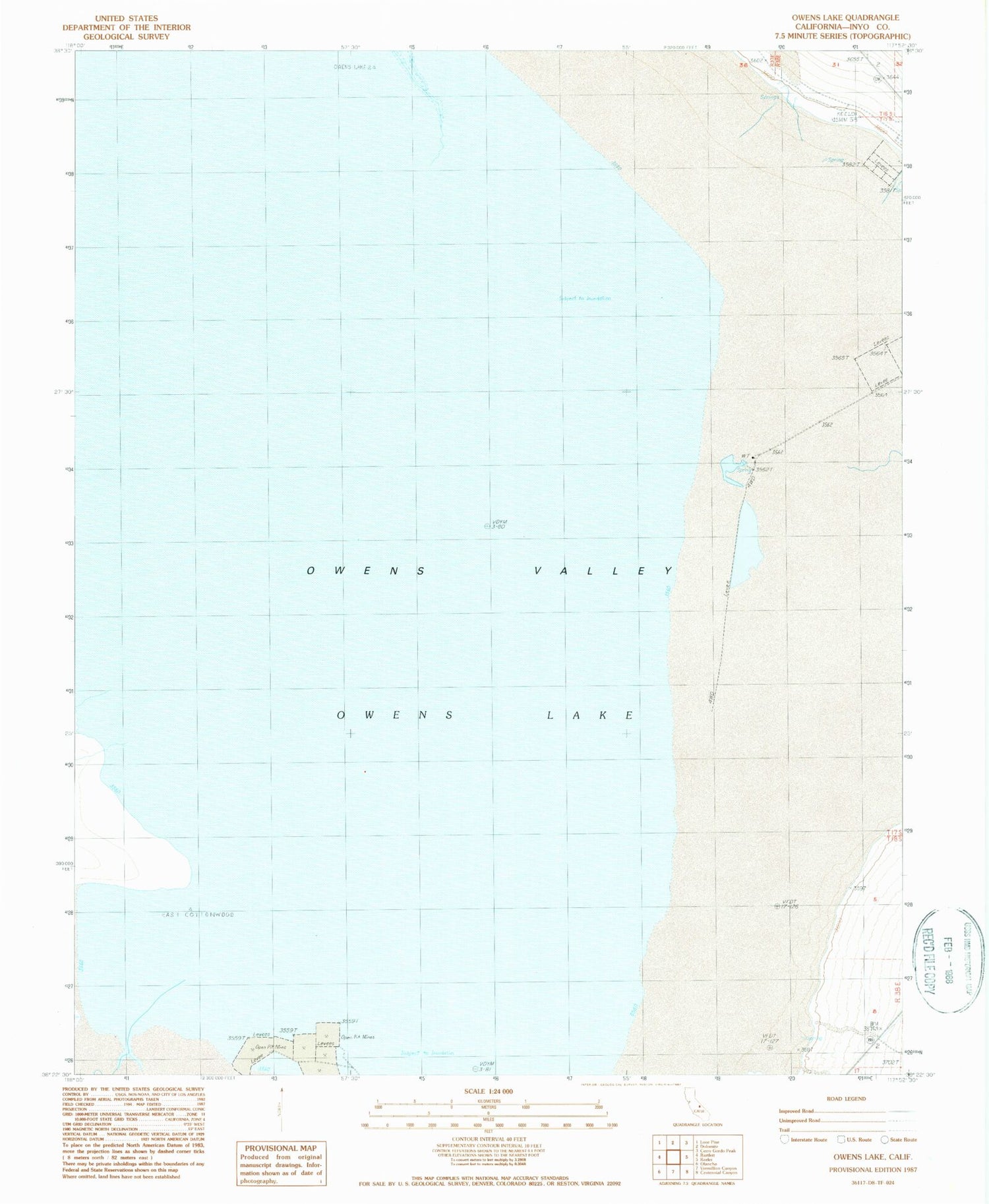 Classic USGS Owens Lake California 7.5'x7.5' Topo Map Image