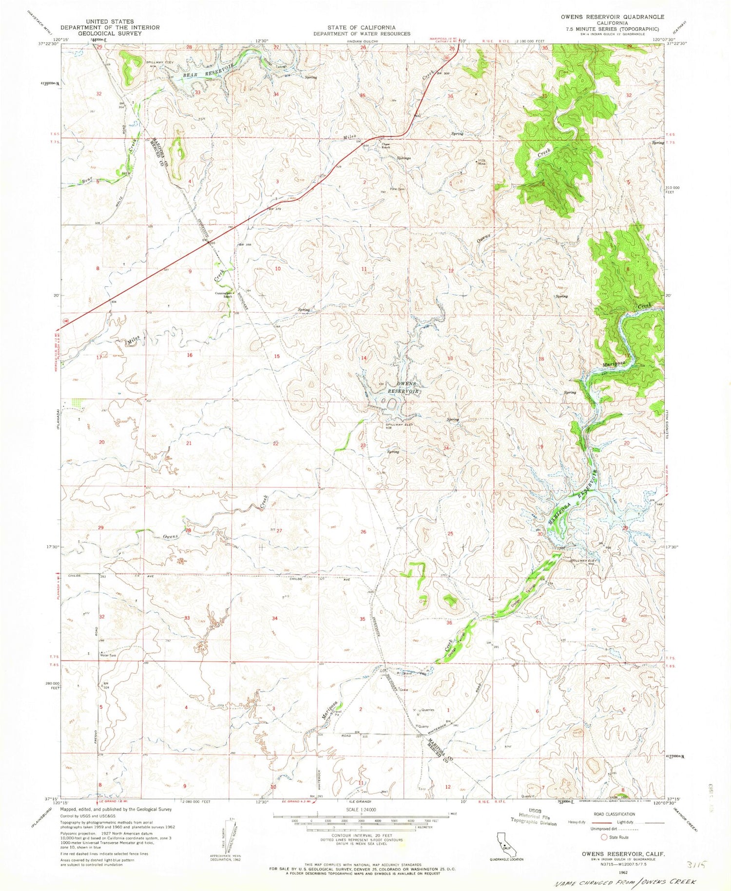 Classic USGS Owens Reservoir California 7.5'x7.5' Topo Map Image