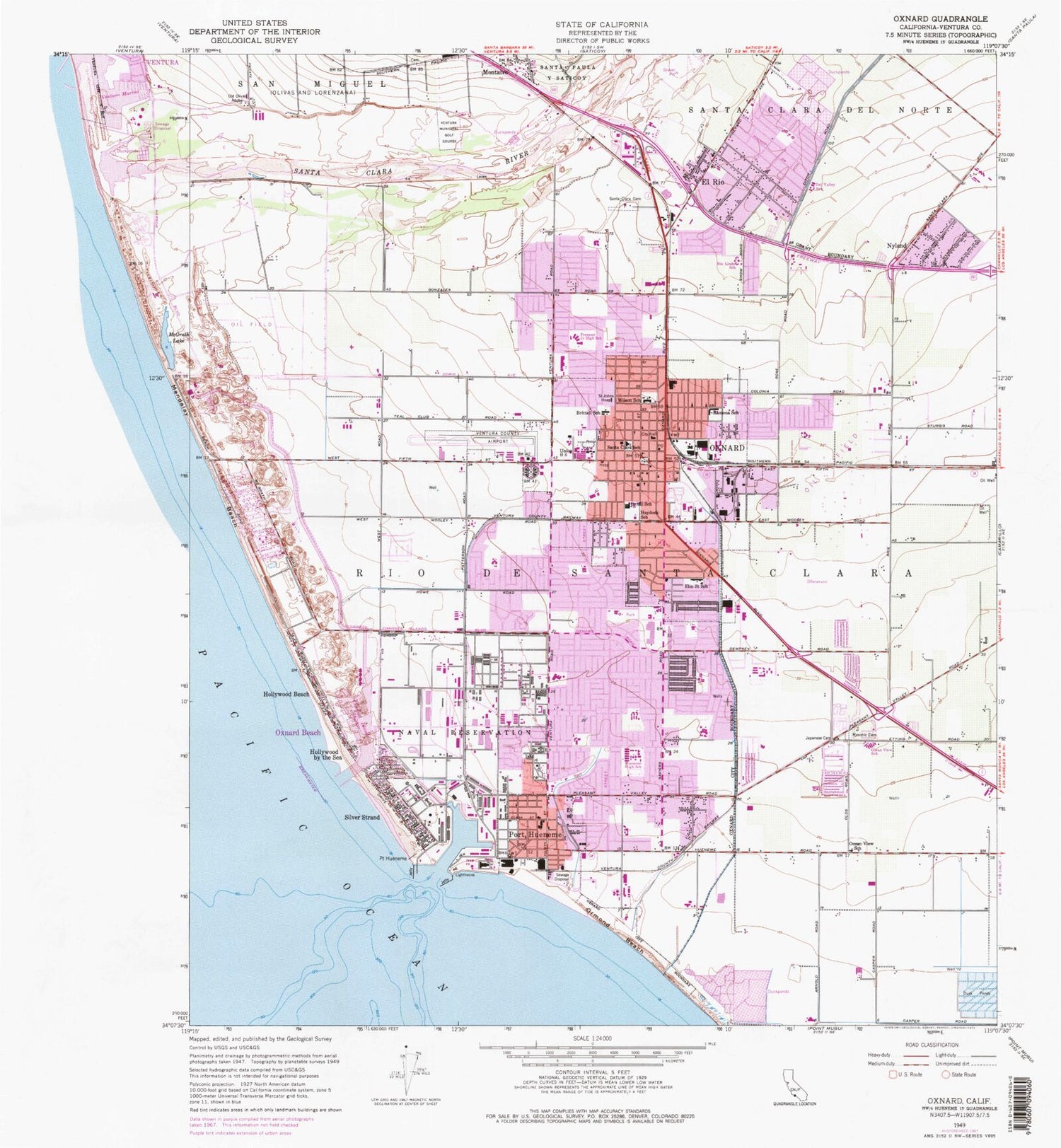 Classic USGS Oxnard California 7.5'x7.5' Topo Map Image