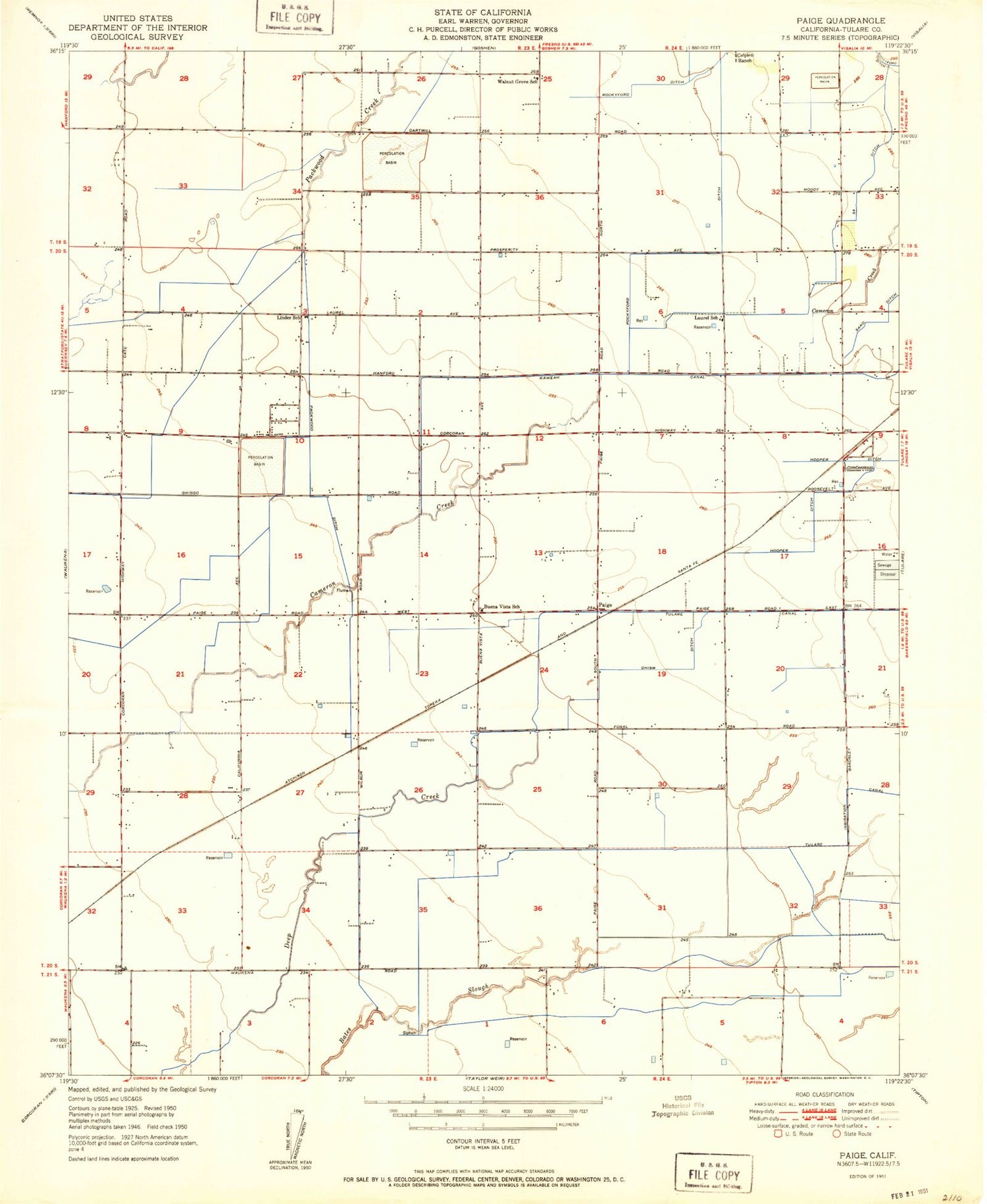 Classic USGS Paige California 7.5'x7.5' Topo Map Image