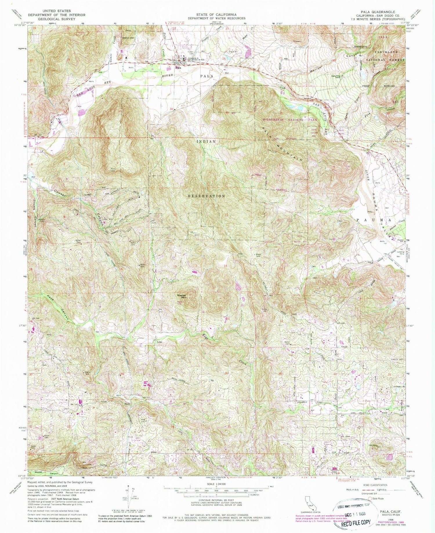 Classic USGS Pala California 7.5'x7.5' Topo Map Image