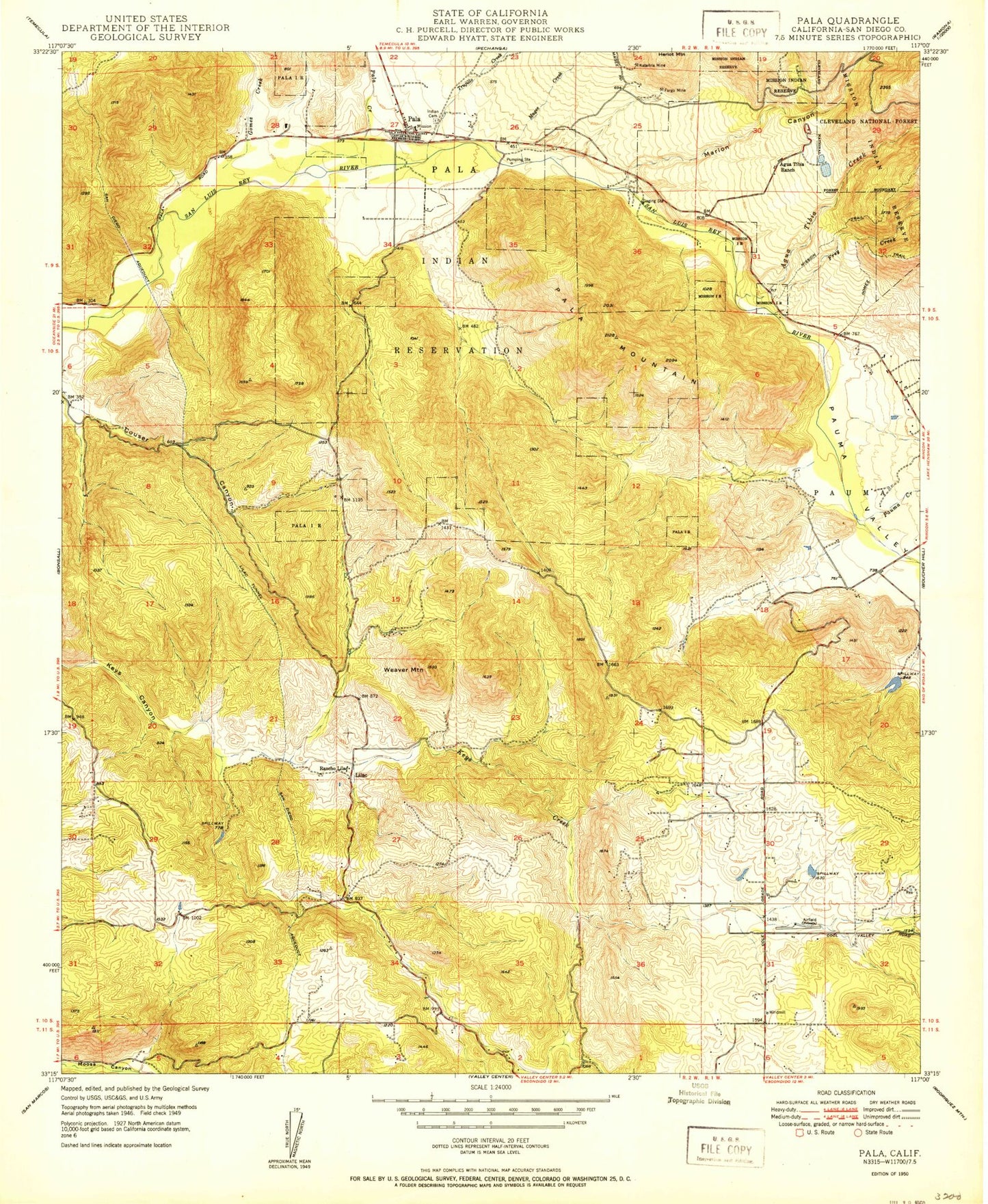 Classic USGS Pala California 7.5'x7.5' Topo Map Image