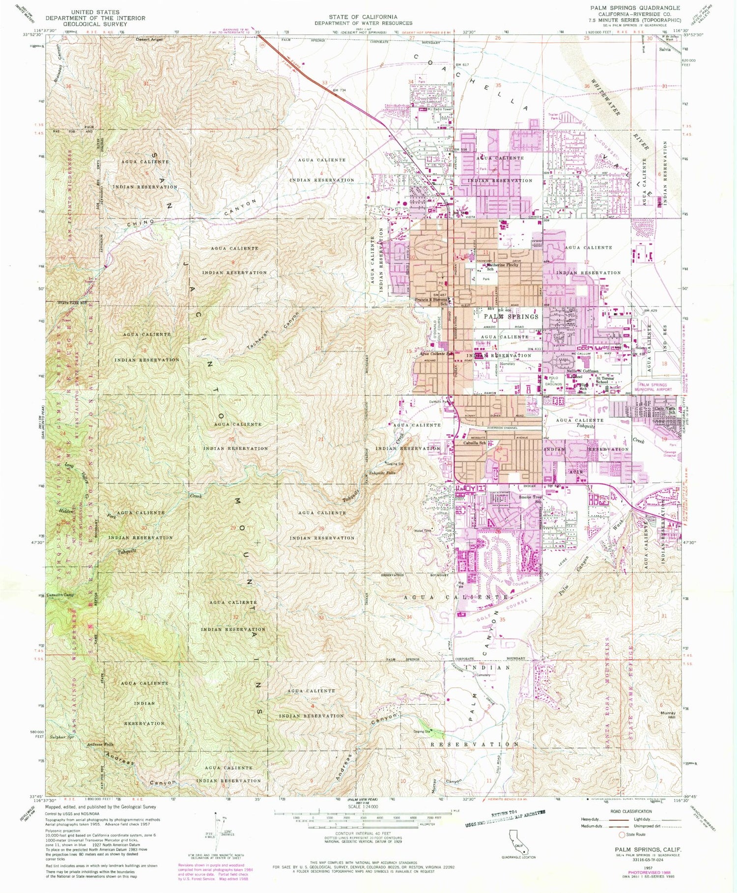Classic USGS Palm Springs California 7.5'x7.5' Topo Map Image