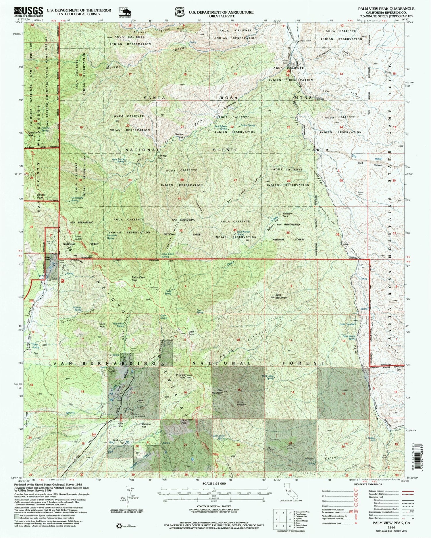 Classic USGS Palm View Peak California 7.5'x7.5' Topo Map Image