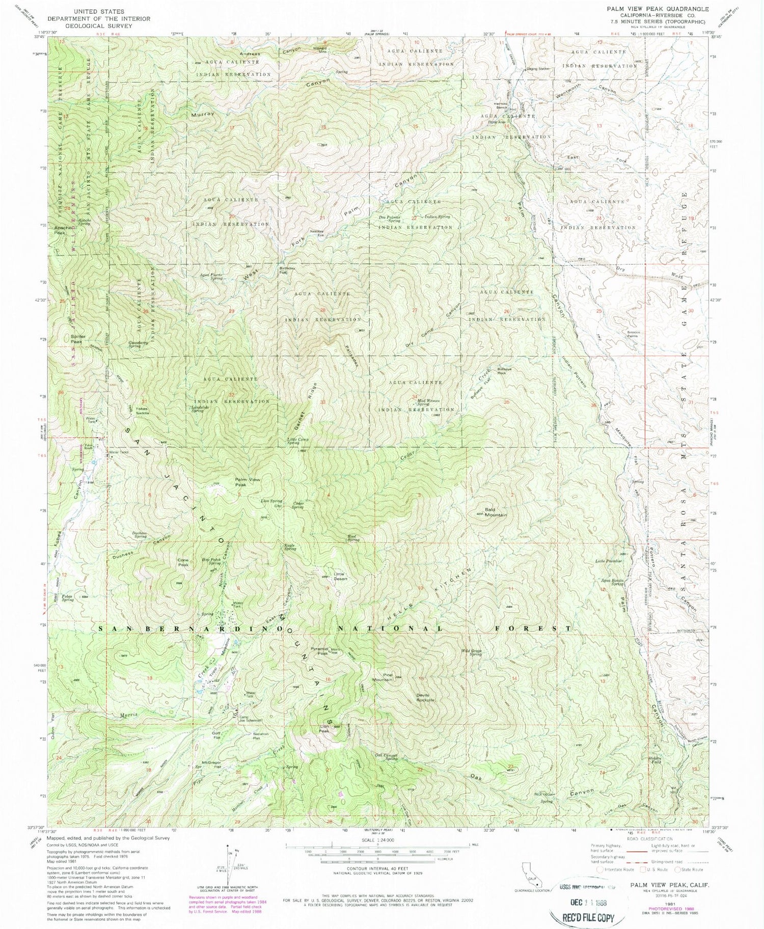 Classic USGS Palm View Peak California 7.5'x7.5' Topo Map Image