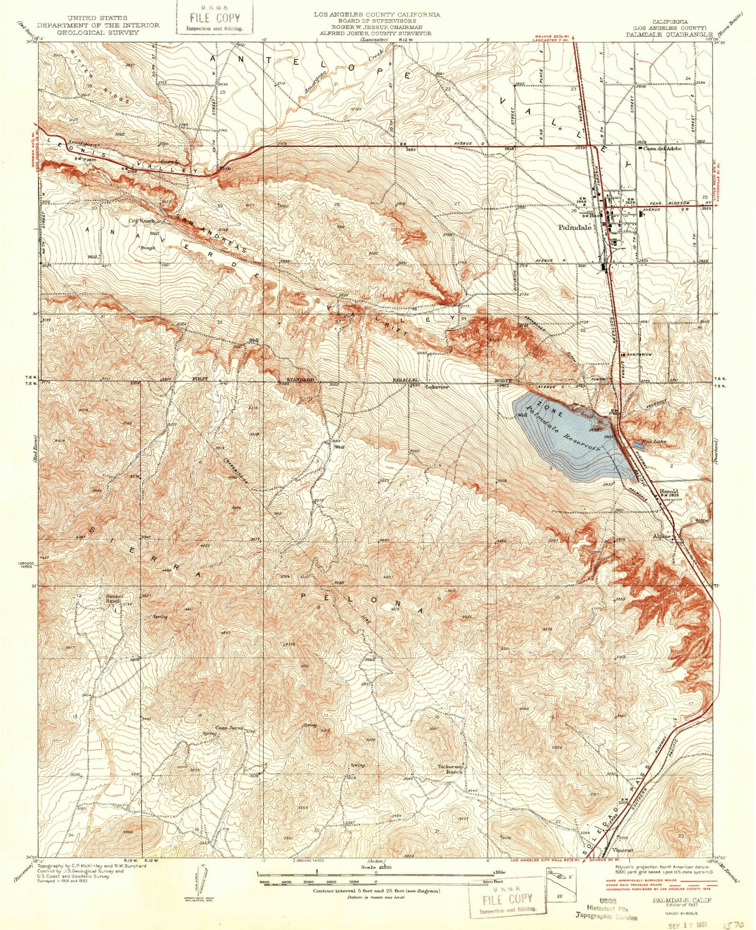 Classic USGS Palmdale California 7.5'x7.5' Topo Map Image