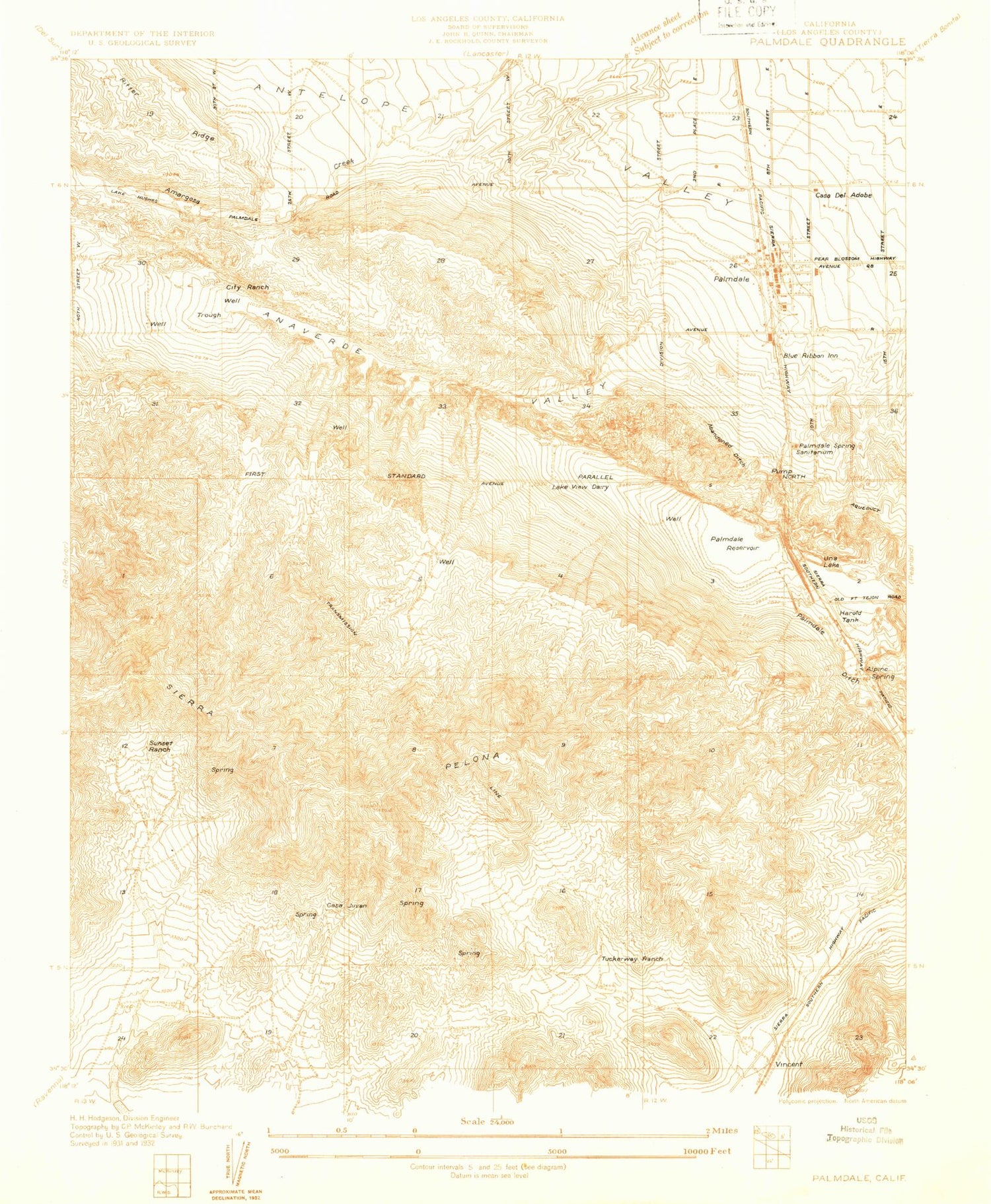 Classic USGS Palmdale California 7.5'x7.5' Topo Map Image