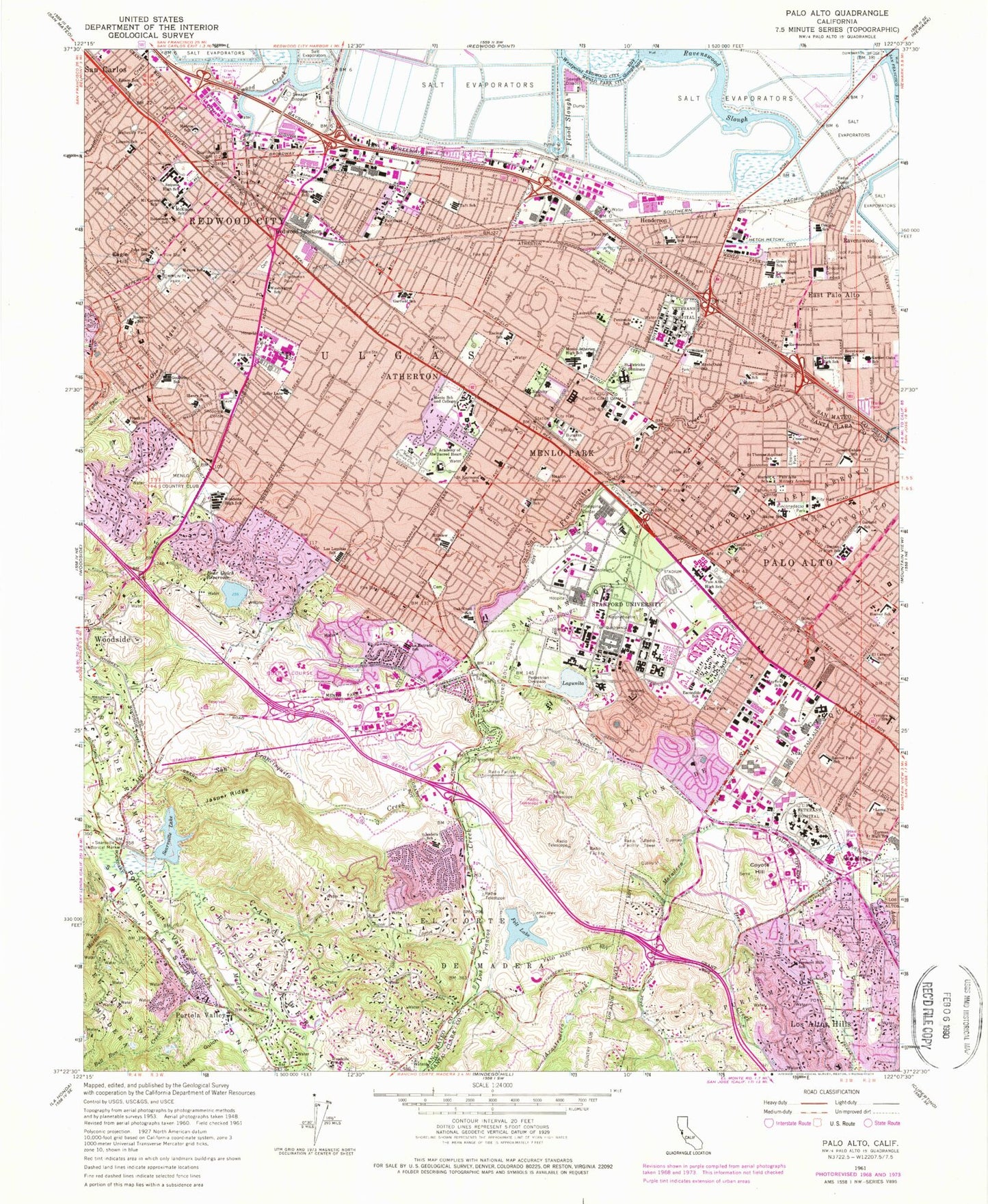 Classic USGS Palo Alto California 7.5'x7.5' Topo Map Image