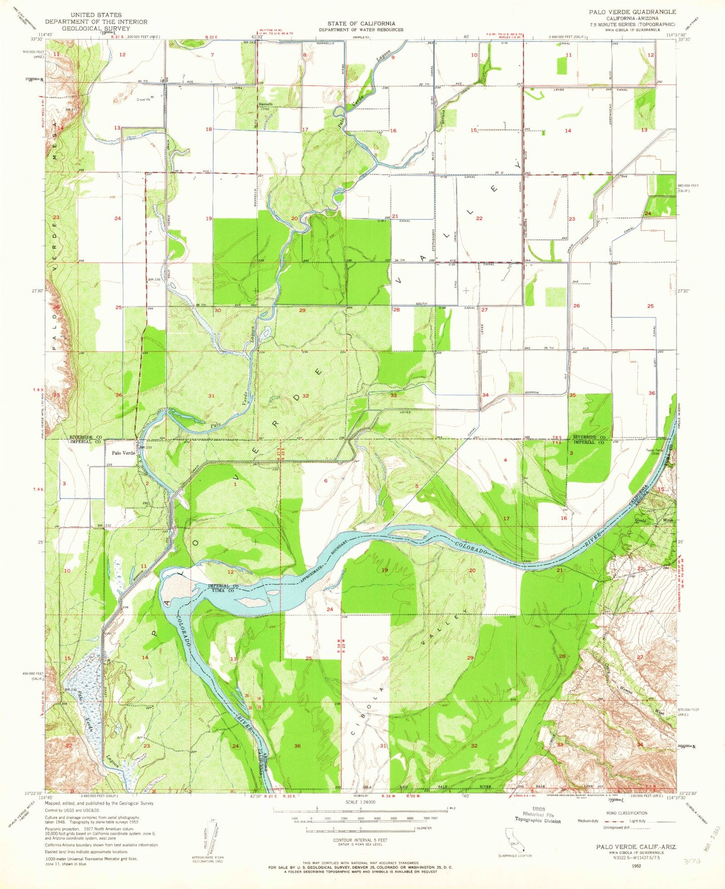 Classic USGS Palo Verde California 7.5'x7.5' Topo Map Image