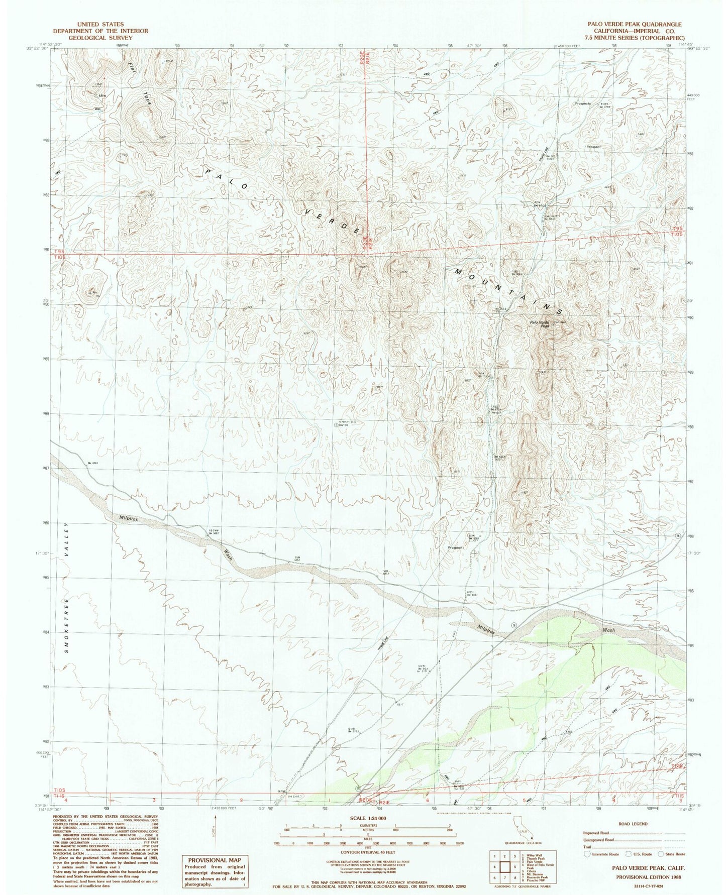 Classic USGS Palo Verde Peak California 7.5'x7.5' Topo Map Image