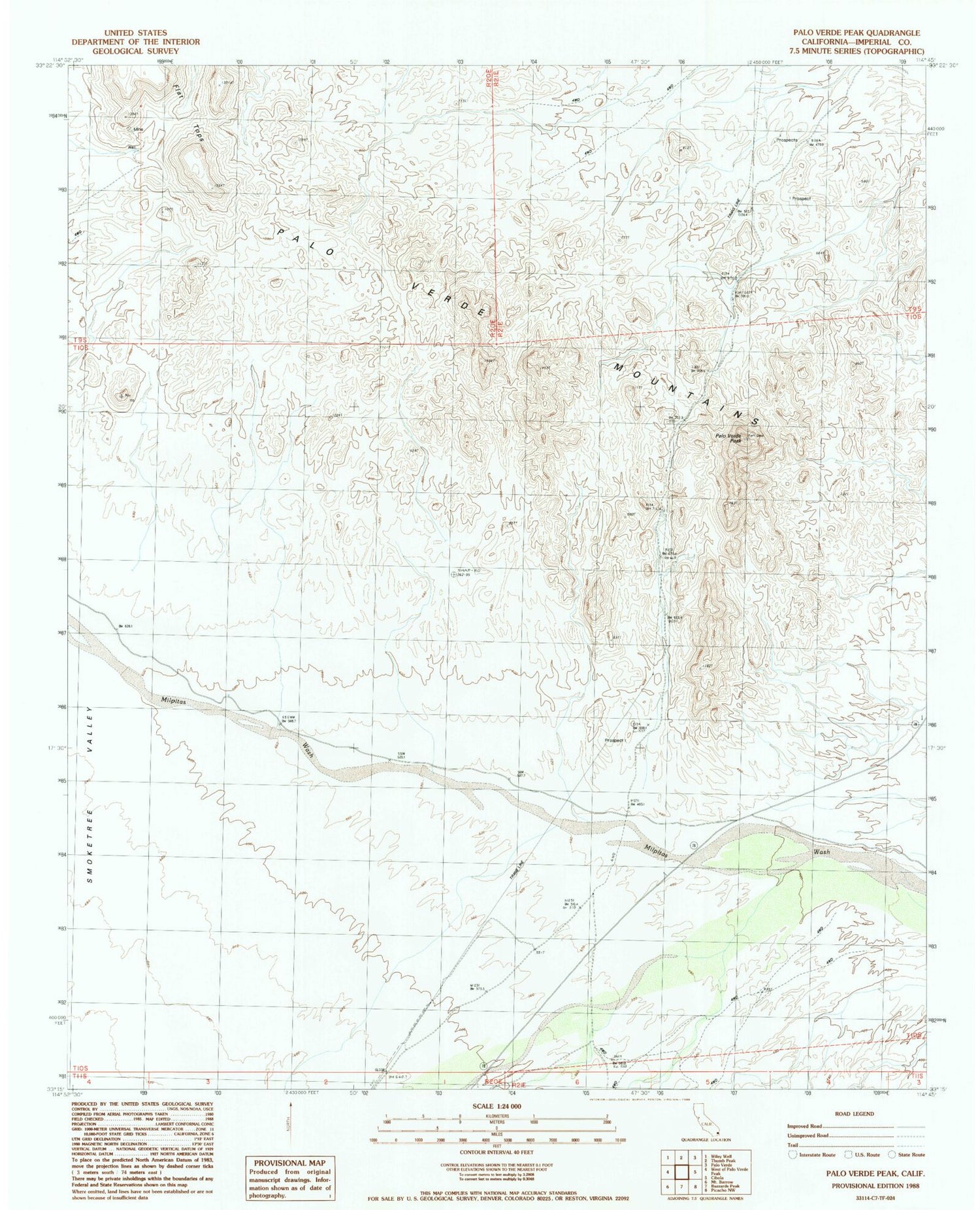 Classic USGS Palo Verde Peak California 7.5'x7.5' Topo Map Image