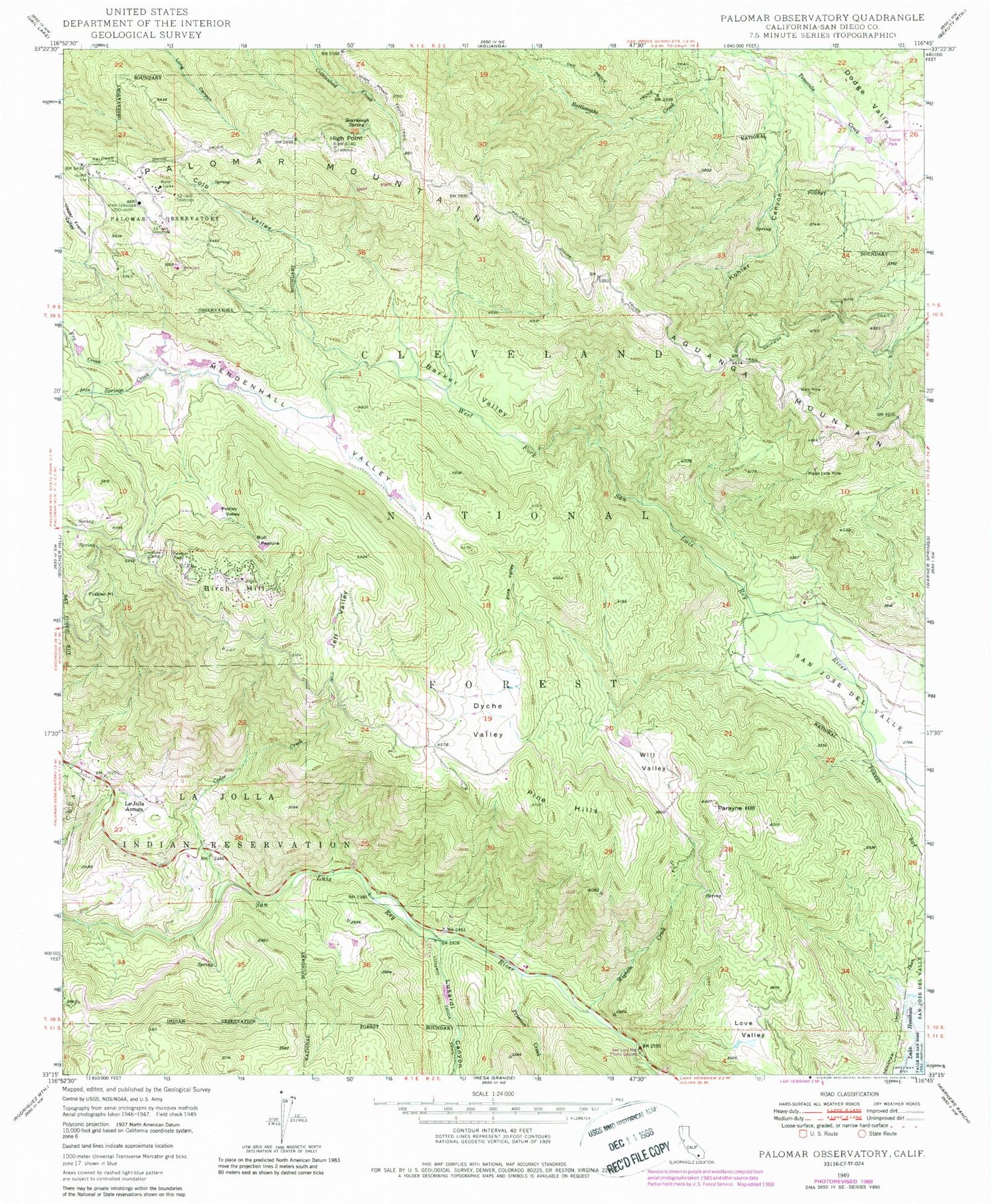 Classic USGS Palomar Observatory California 7.5'x7.5' Topo Map Image