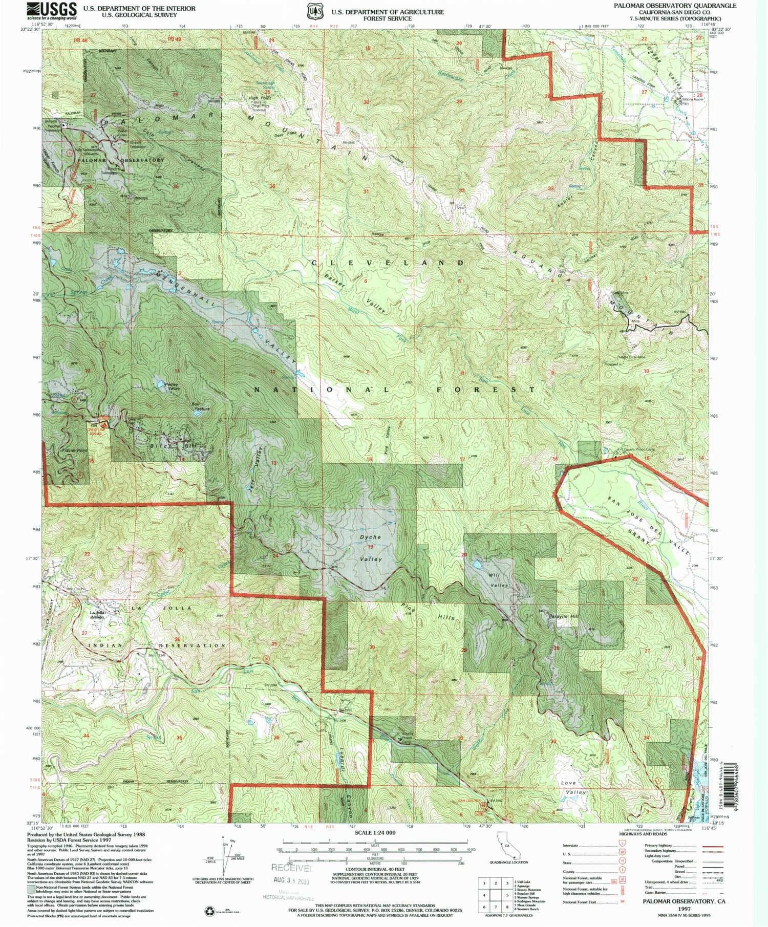 Classic USGS Palomar Observatory California 7.5'x7.5' Topo Map Image