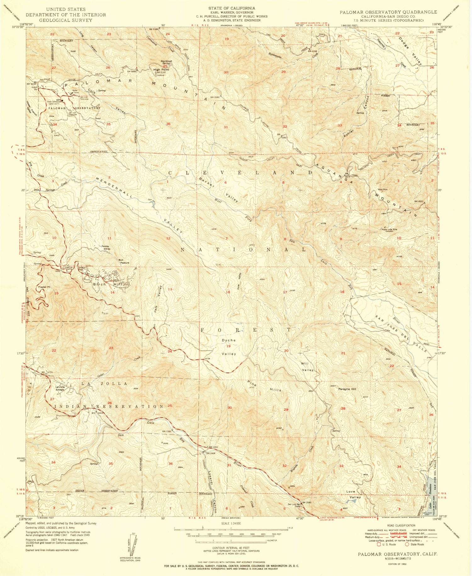 Classic USGS Palomar Observatory California 7.5'x7.5' Topo Map Image