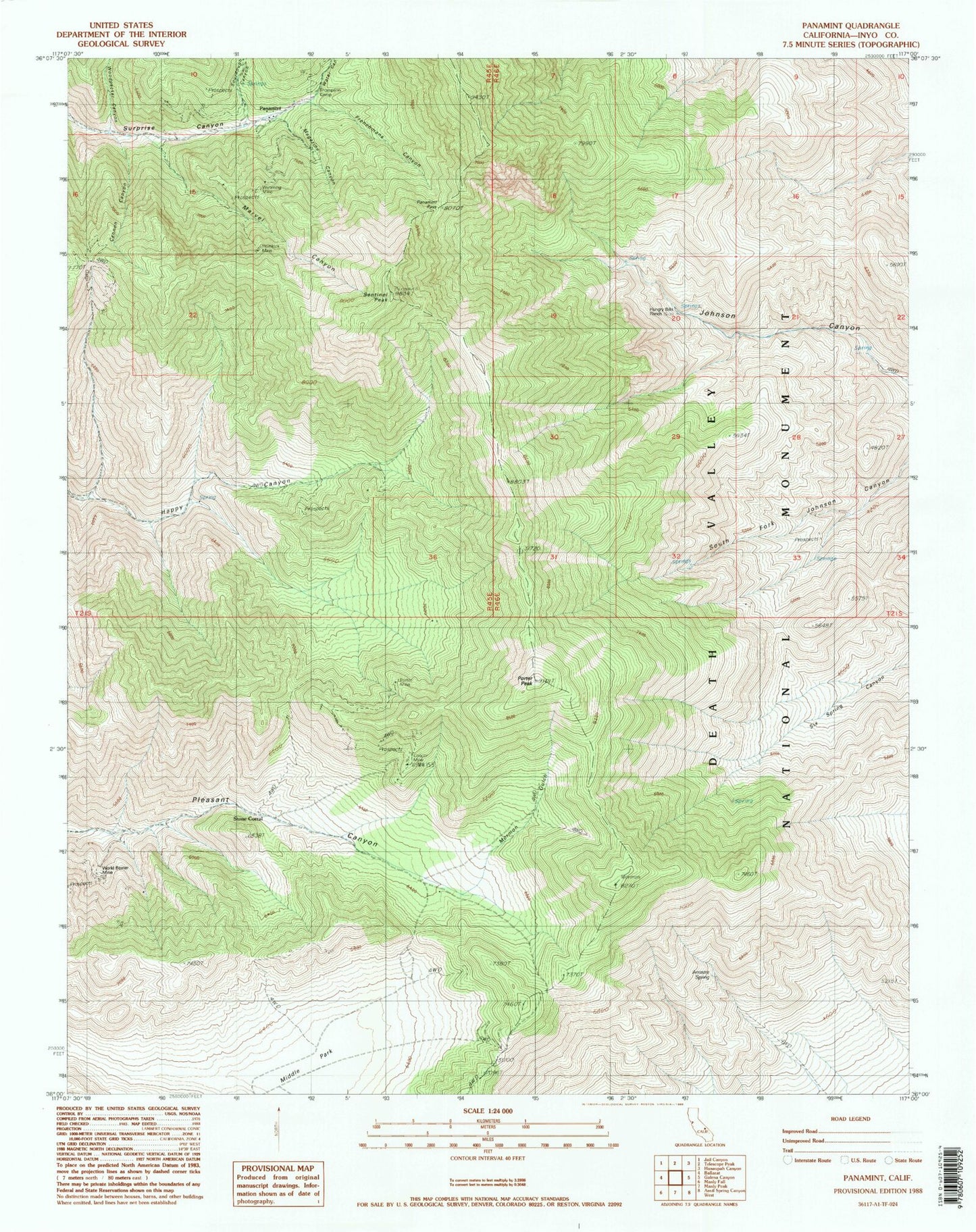 Classic USGS Panamint California 7.5'x7.5' Topo Map Image