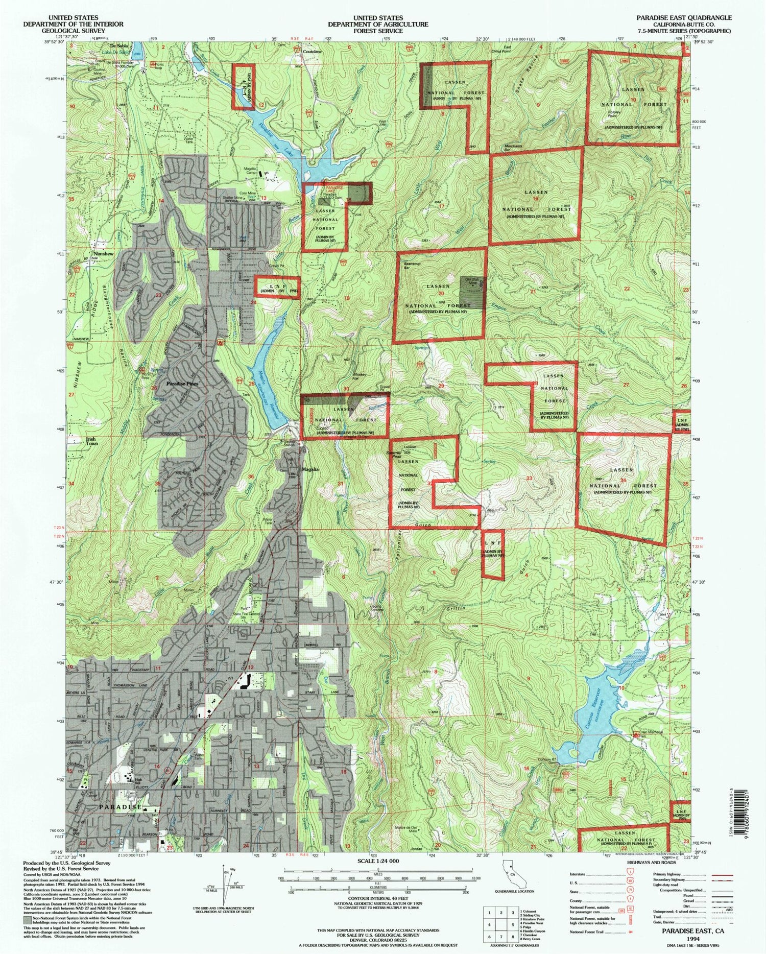 Classic USGS Paradise East California 7.5'x7.5' Topo Map Image