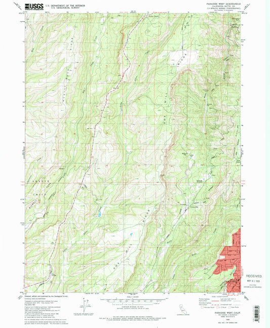 Classic USGS Paradise West California 7.5'x7.5' Topo Map Image