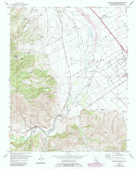 Classic USGS Paraiso Springs California 7.5'x7.5' Topo Map Image
