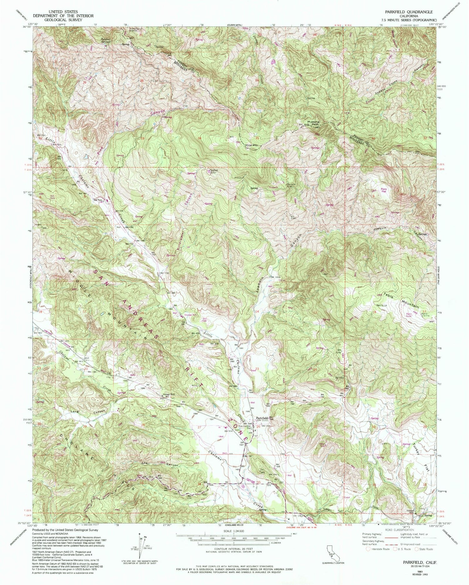 Classic USGS Parkfield California 7.5'x7.5' Topo Map Image