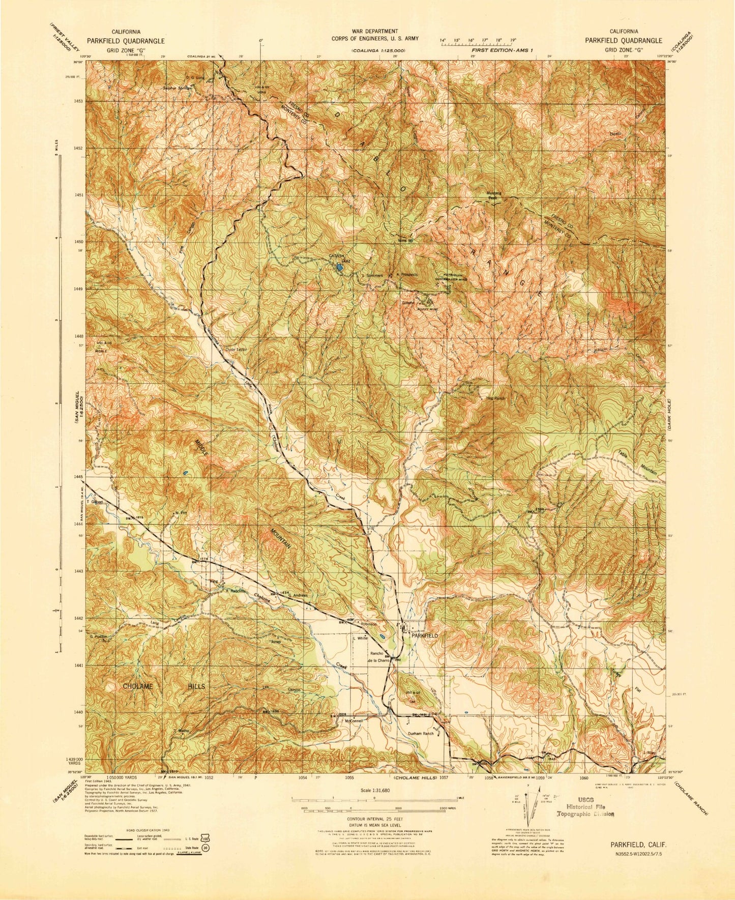 Classic USGS Parkfield California 7.5'x7.5' Topo Map Image
