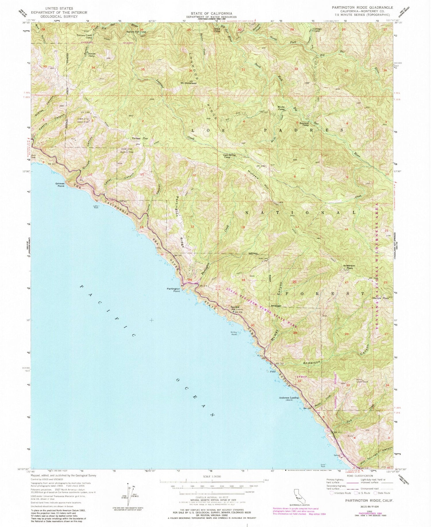 Classic USGS Partington Ridge California 7.5'x7.5' Topo Map Image